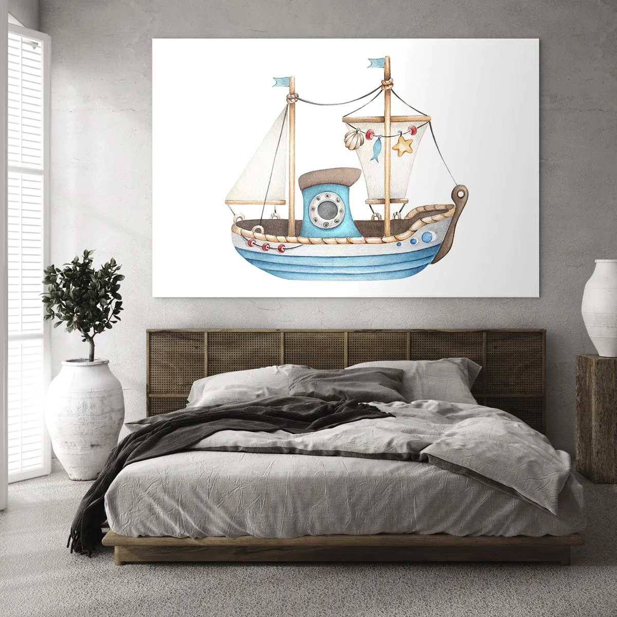 Impression sur verre - Image sur verre - Illustration d'un bateau pour enfants sur fond blanc - 70x50cm - Ohé, l'aventure ! - Décoration murale moderne pour le salon et la chambre ARTTOR