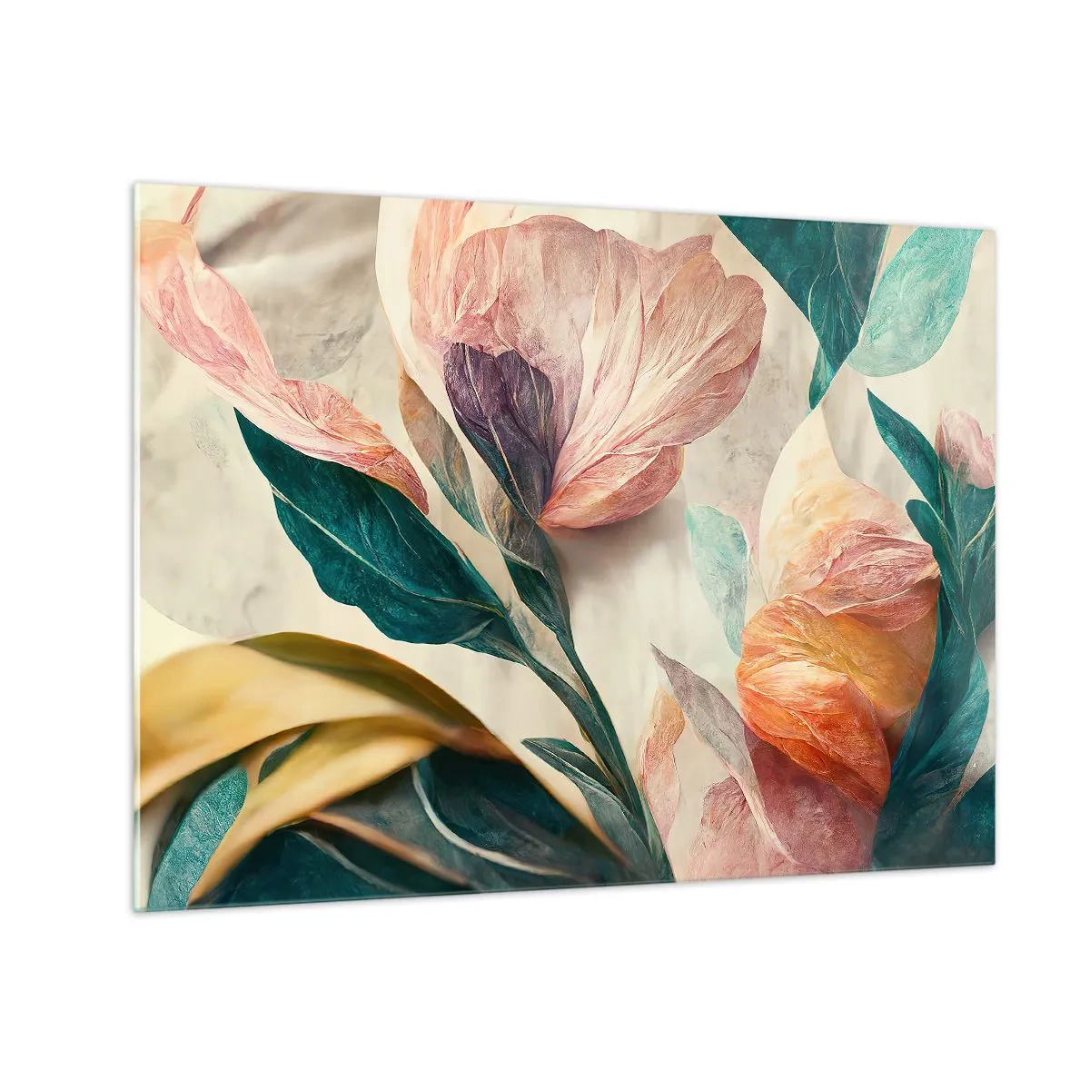 Impression sur verre - Image sur verre - Fleurs et feuilles exotiques aux couleurs pastel dans un style botanique - 70x50cm - Fleurs des îles du sud - Décoration murale moderne pour le salon et la chambre ARTTOR