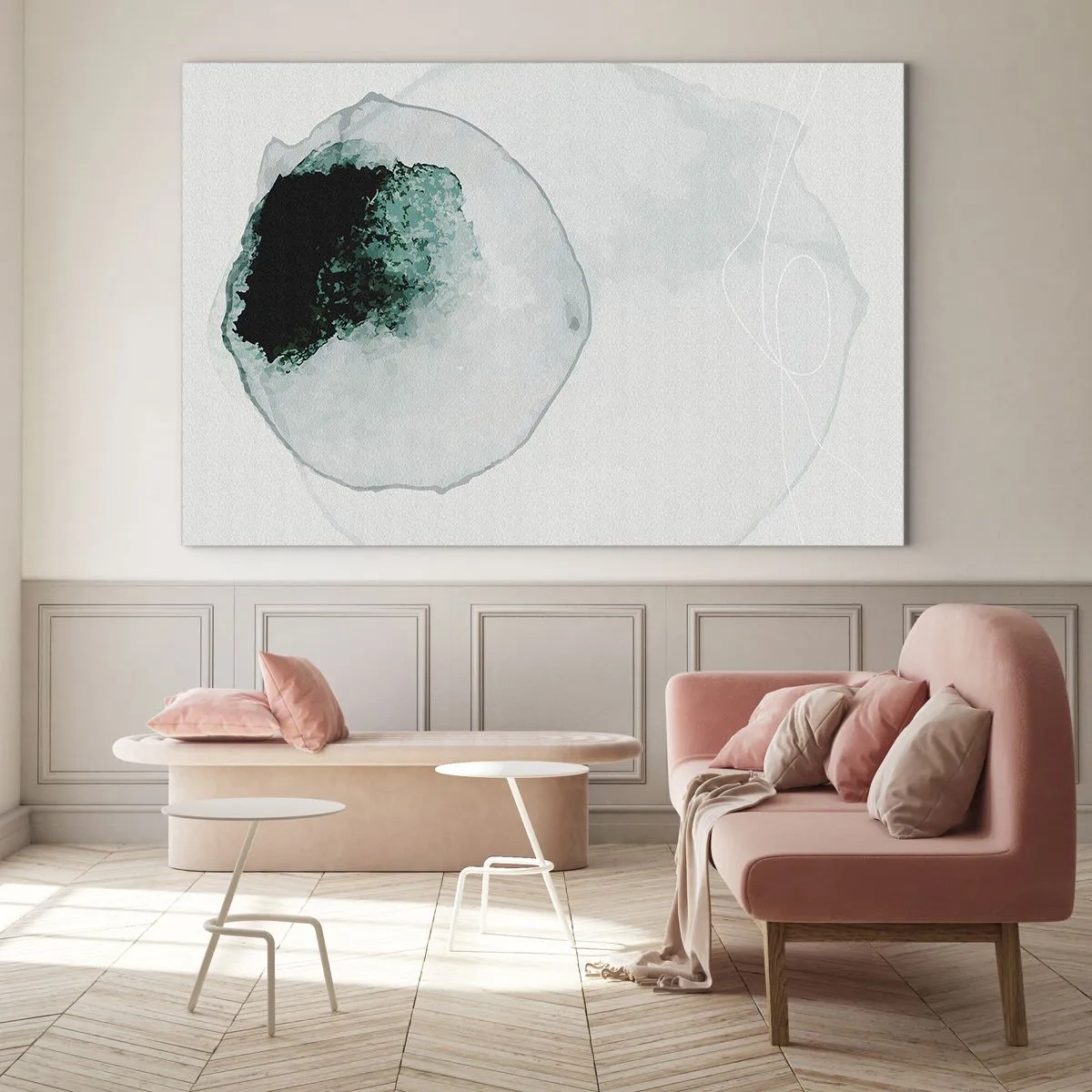 Impression sur verre - Image sur verre - Une forme abstraite ressemblant à une goutte d'eau dans des tons de vert. - 70x50cm - Dans une goutte d'eau - Décoration murale moderne pour le salon et la chambre ARTTOR