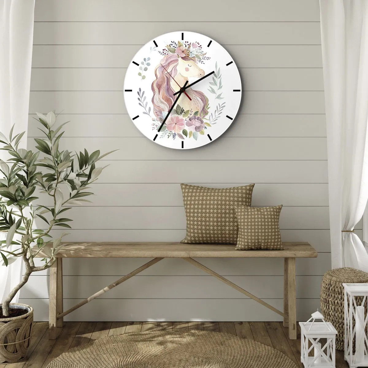 Horloge murale - Pendule murale - Tête de licorne aquarelle avec une couronne de fleurs - 30x30cm - Invitation au monde des contes de fées - Décoration murale moderne pour le salon, la cuisine et la chambre ARTTOR