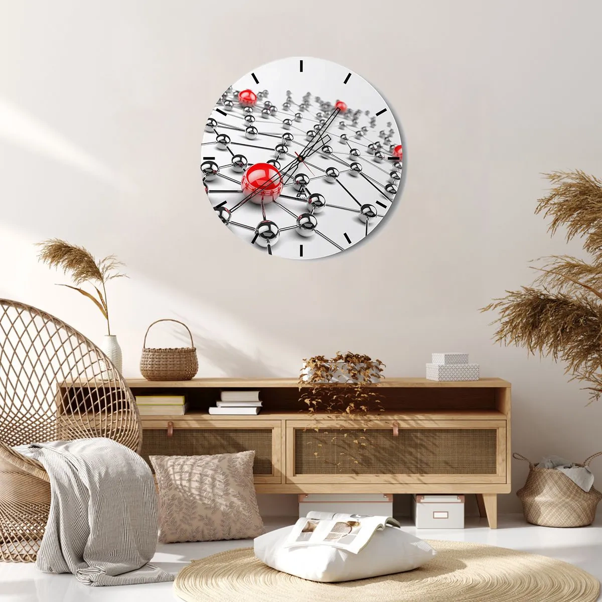 Horloge murale - Pendule murale - Structure moléculaire avec des accents rouges sur fond blanc - 30x30cm - Toile argentée - Décoration murale moderne pour le salon, la cuisine et la chambre ARTTOR