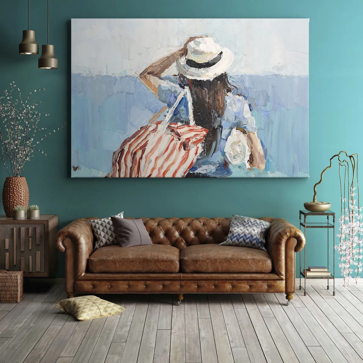 Impression sur toile - Image sur toile - Une femme avec un chapeau contre la mer bleue - 70x50cm - Bienvenue à vos vacances - Décoration murale moderne pour le salon et la chambre ARTTOR