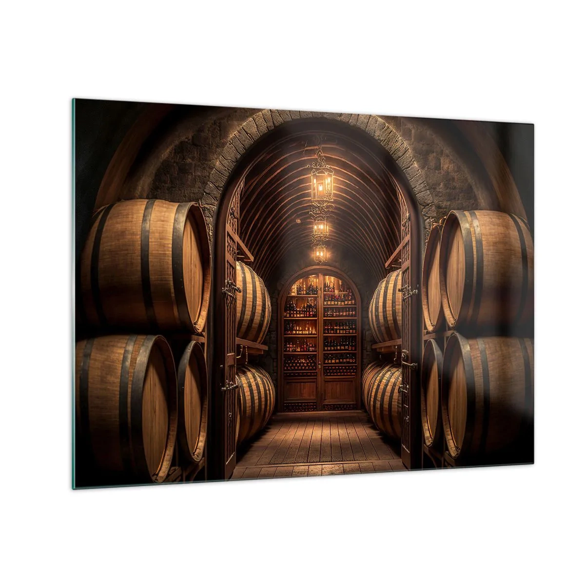 Impression sur verre - Image sur verre - Un vignoble avec des barriques et une cave éclairée pleine de bouteilles - 70x50cm - Cave climatisée - Décoration murale moderne pour le salon et la chambre ARTTOR