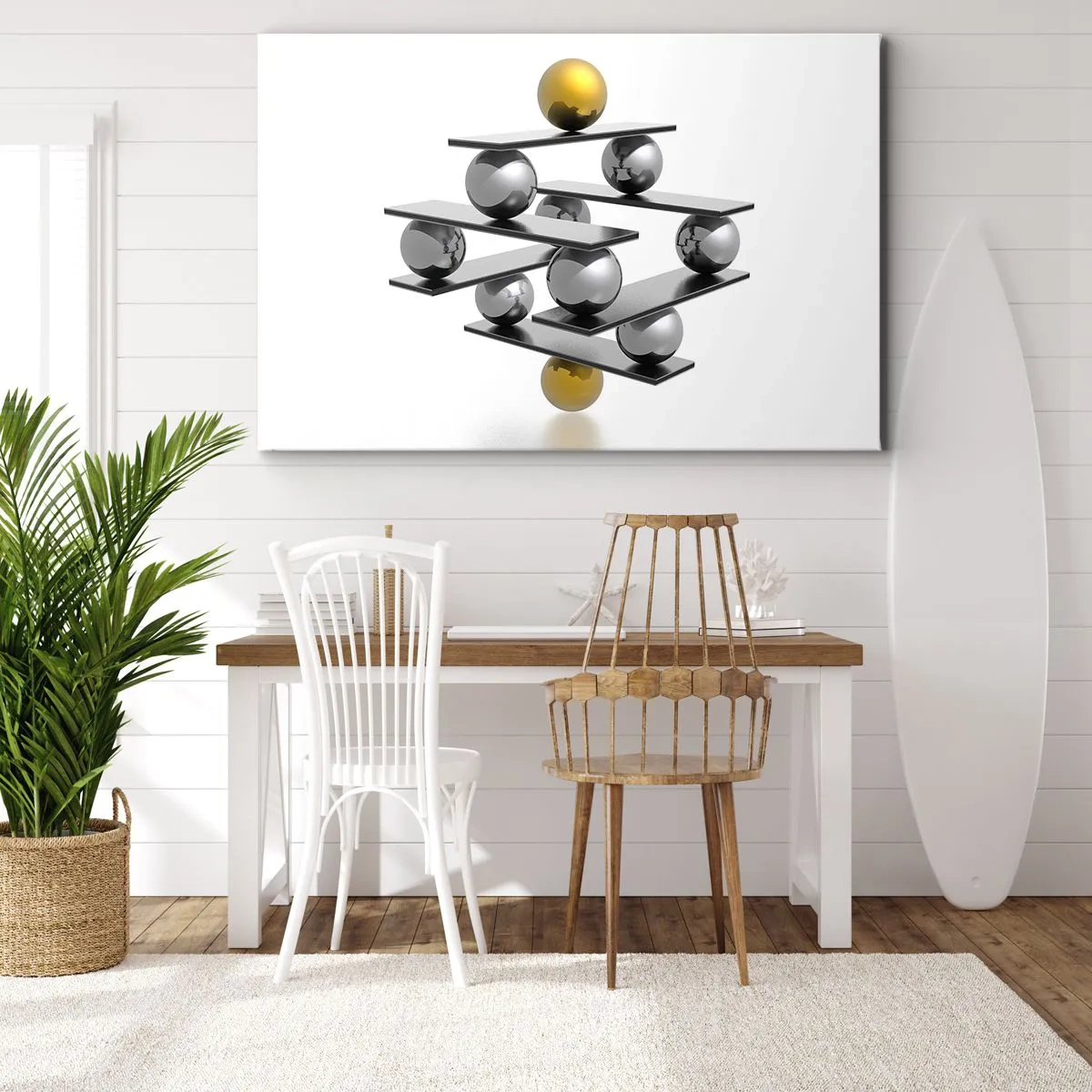 Impression sur toile - Image sur toile - Composition géométrique avec des boules métalliques et un accent doré - 70x50cm - Balance d'or et d'argent - Décoration murale moderne pour le salon et la chambre ARTTOR