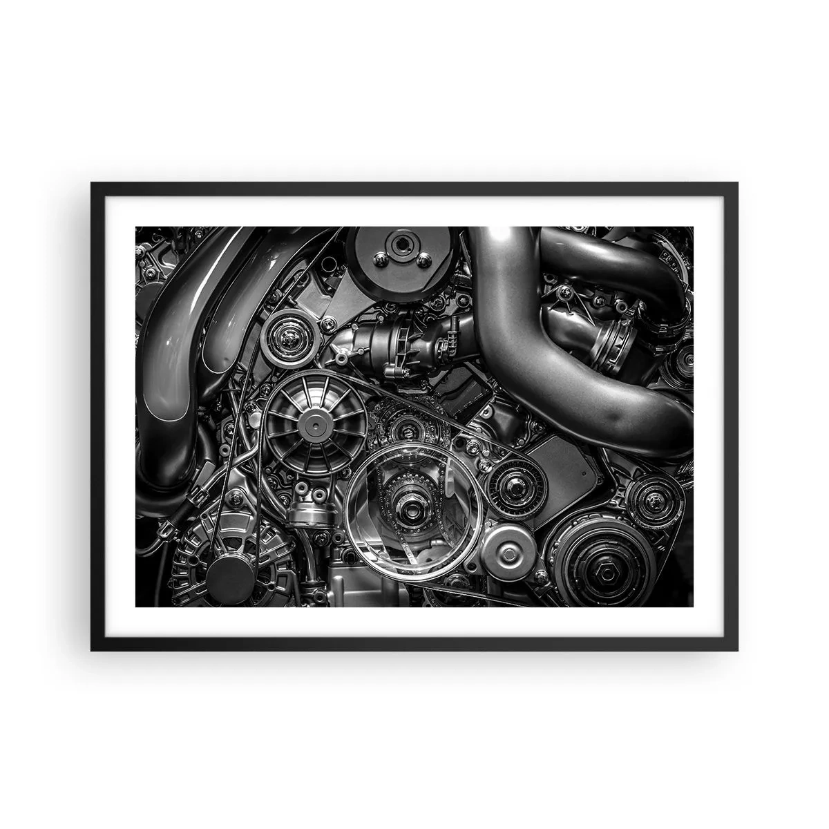 Affiche dans un cadre noir - Poster - Gros plan noir et blanc des détails mécaniques d'un moteur de voiture. - 70x50cm - Poésie mécanique - Décoration murale moderne pour le salon et la chambre ARTTOR
