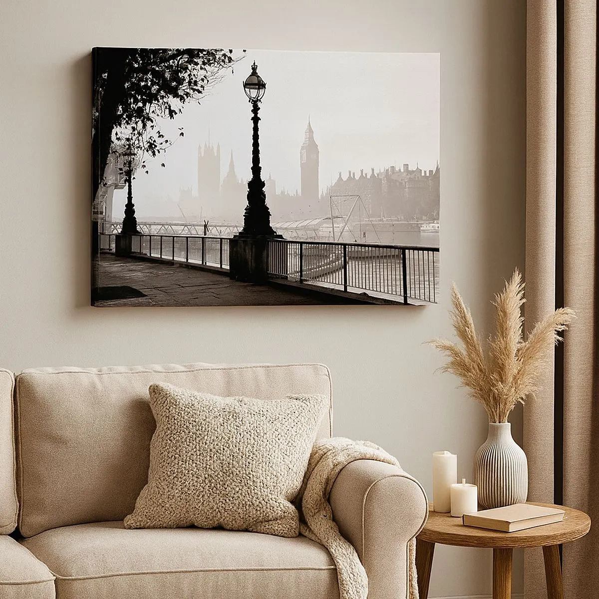 Impression sur toile - Image sur toile - Une vue monochrome de Big Ben et de la Tamise. - 70x50cm - Un matin londonien - Décoration murale moderne pour le salon et la chambre ARTTOR