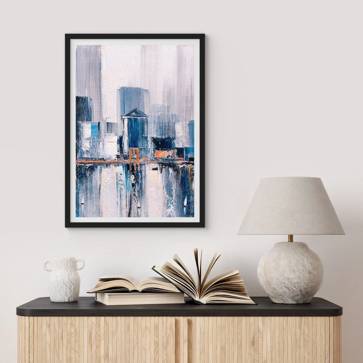 Affiche dans un cadre noir - Poster - Panorama urbain abstrait dans les tons bleus et blancs - 50x70cm - Impression new-yorkaise - Décoration murale moderne pour le salon et la chambre ARTTOR