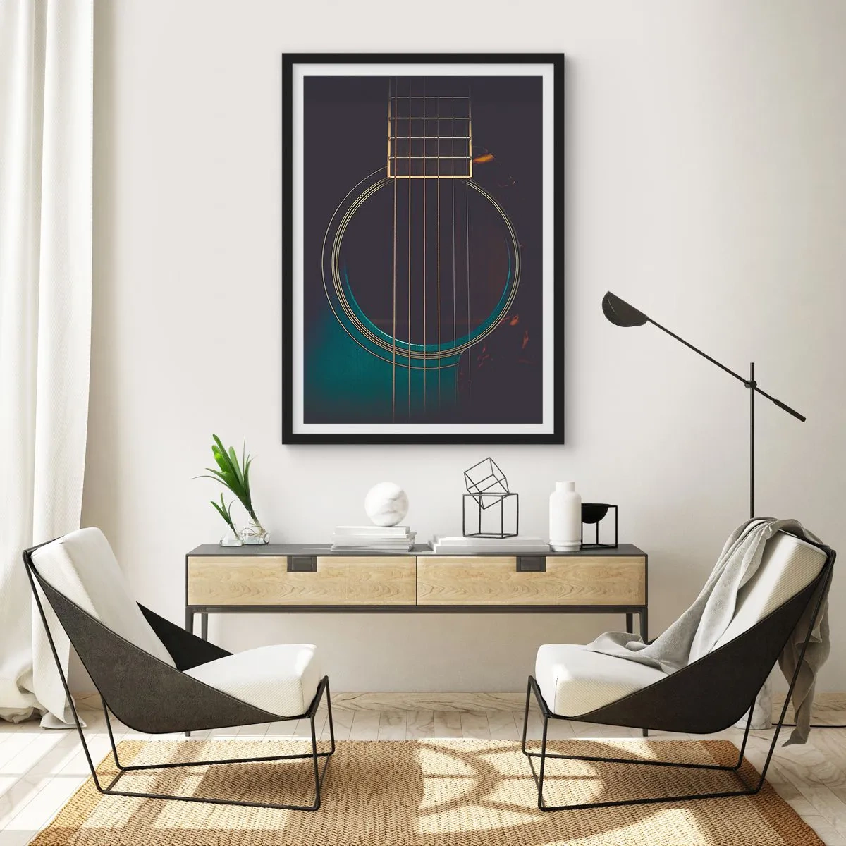 Affiche dans un cadre noir - Poster - Gros plan artistique de la table d'harmonie d'une guitare acoustique. - 50x70cm - Le calme avant la tempête - Décoration murale moderne pour le salon et la chambre ARTTOR