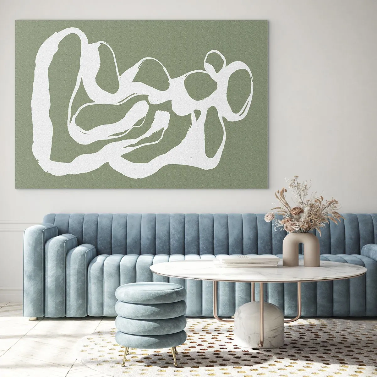 Impression sur verre - Image sur verre - Forme organique blanche abstraite sur fond olive - 70x50cm - L'appel de l'espace - Décoration murale moderne pour le salon et la chambre ARTTOR