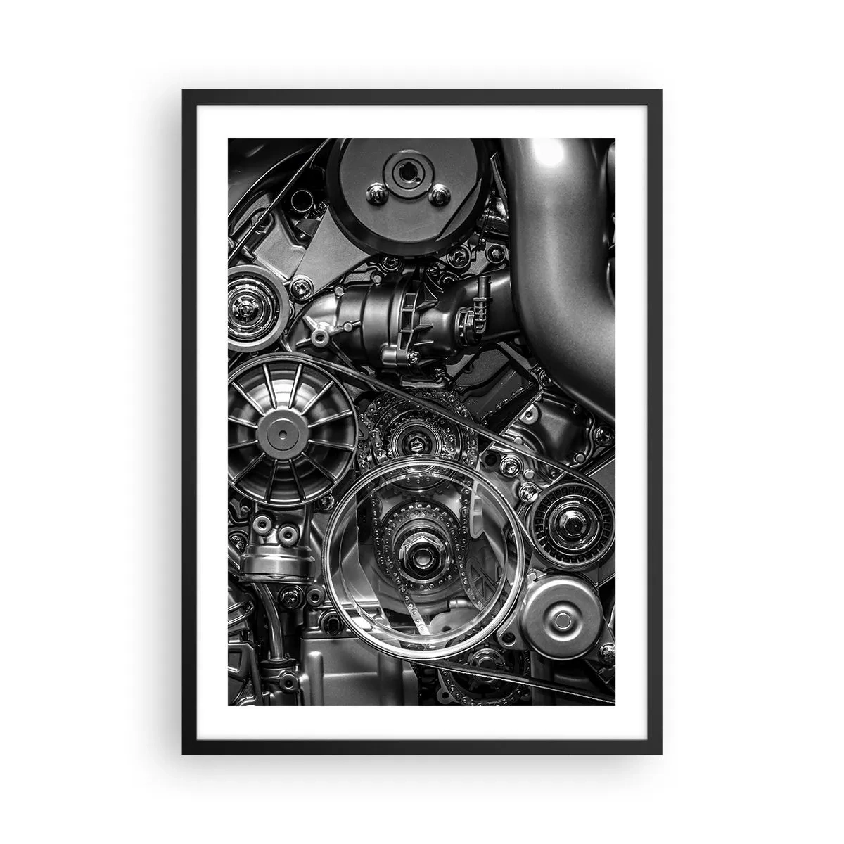 Affiche dans un cadre noir - Poster - Gros plan détaillé des composants mécaniques du moteur en noir et blanc - 50x70cm - Poésie mécanique - Décoration murale moderne pour le salon et la chambre ARTTOR
