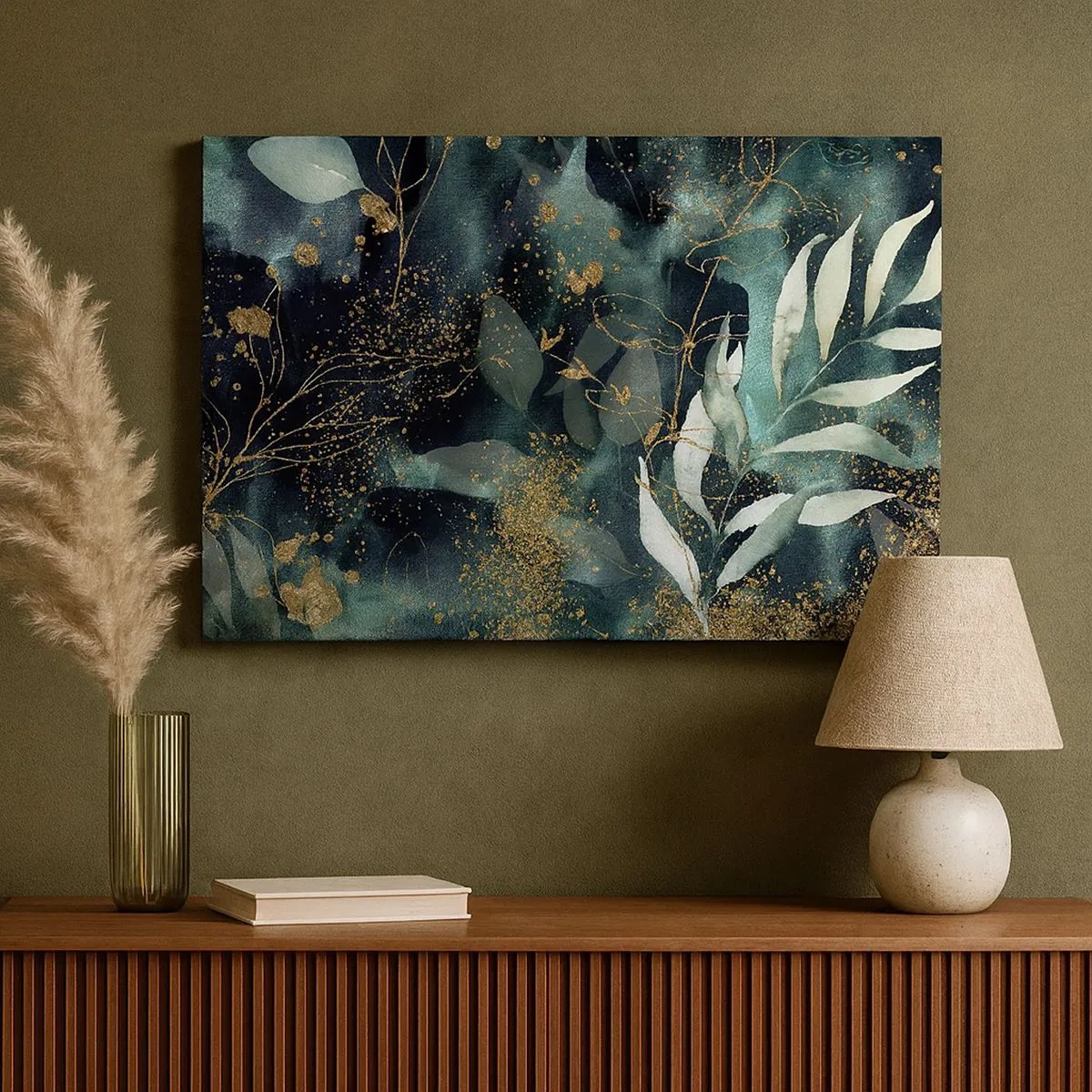 Impression sur toile - Image sur toile - Feuilles élégantes sur un fond sombre avec des accents dorés - 70x50cm - Jardin magique - Décoration murale moderne pour le salon et la chambre ARTTOR