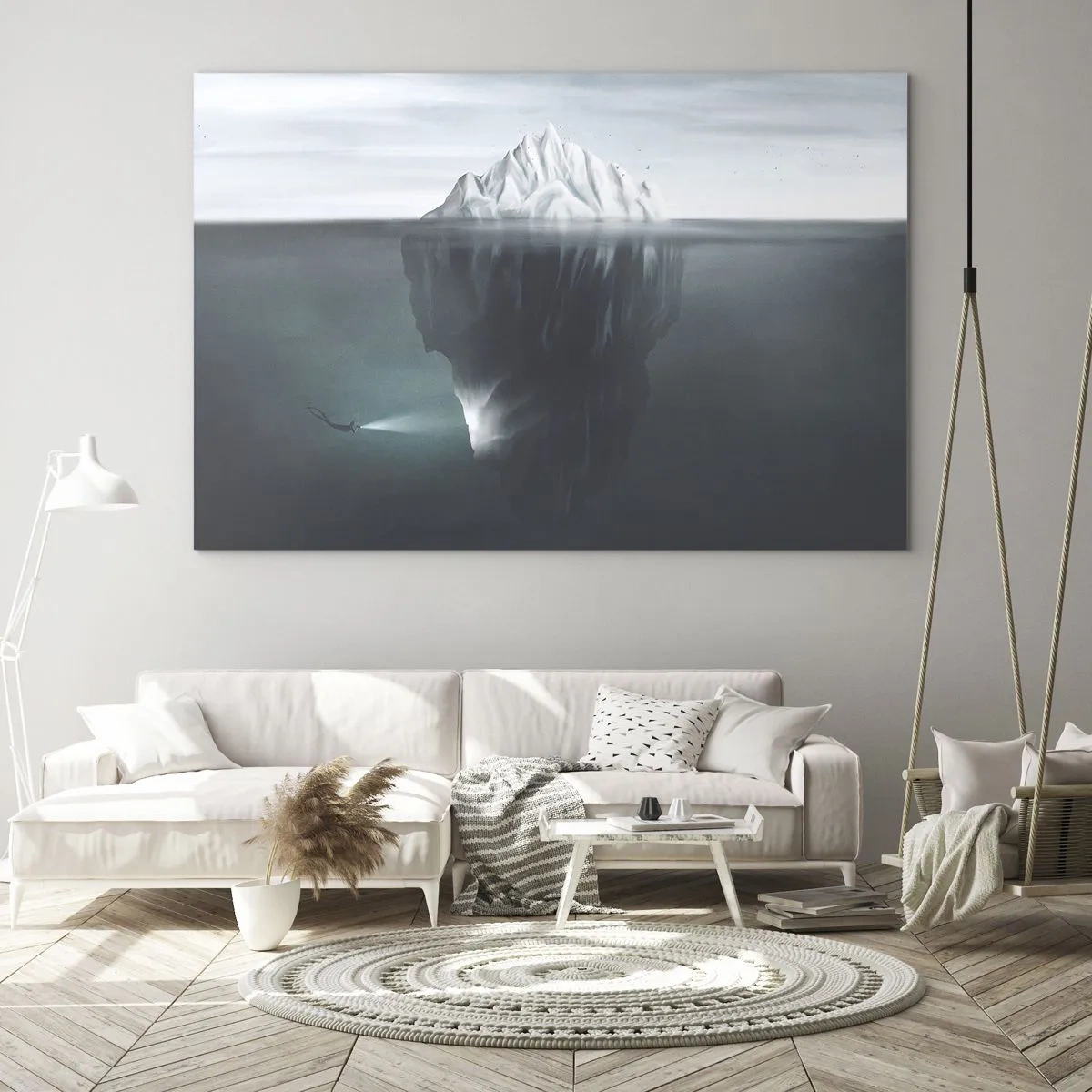 Impression sur verre - Image sur verre - Un iceberg avec un plongeur explorant la partie sous-marine - 70x50cm - Mystère sous-marin - Décoration murale moderne pour le salon et la chambre ARTTOR