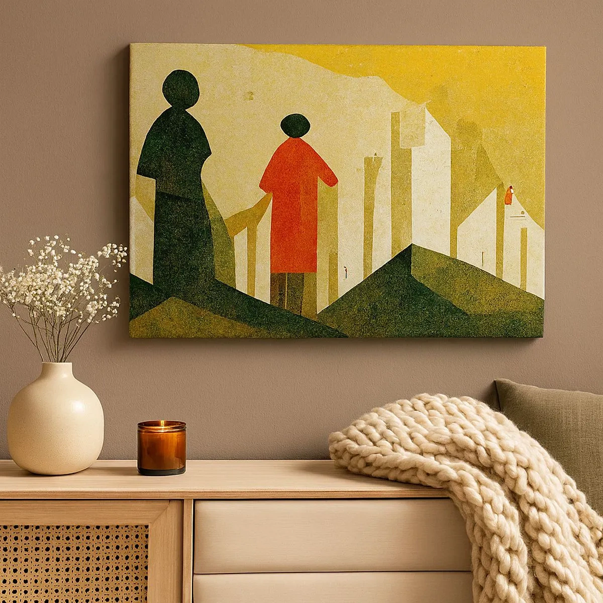 Impression sur toile - Image sur toile - Silhouettes géométriques en rouge et vert sur fond jaune - 70x50cm - La route est encore longue - Décoration murale moderne pour le salon et la chambre ARTTOR