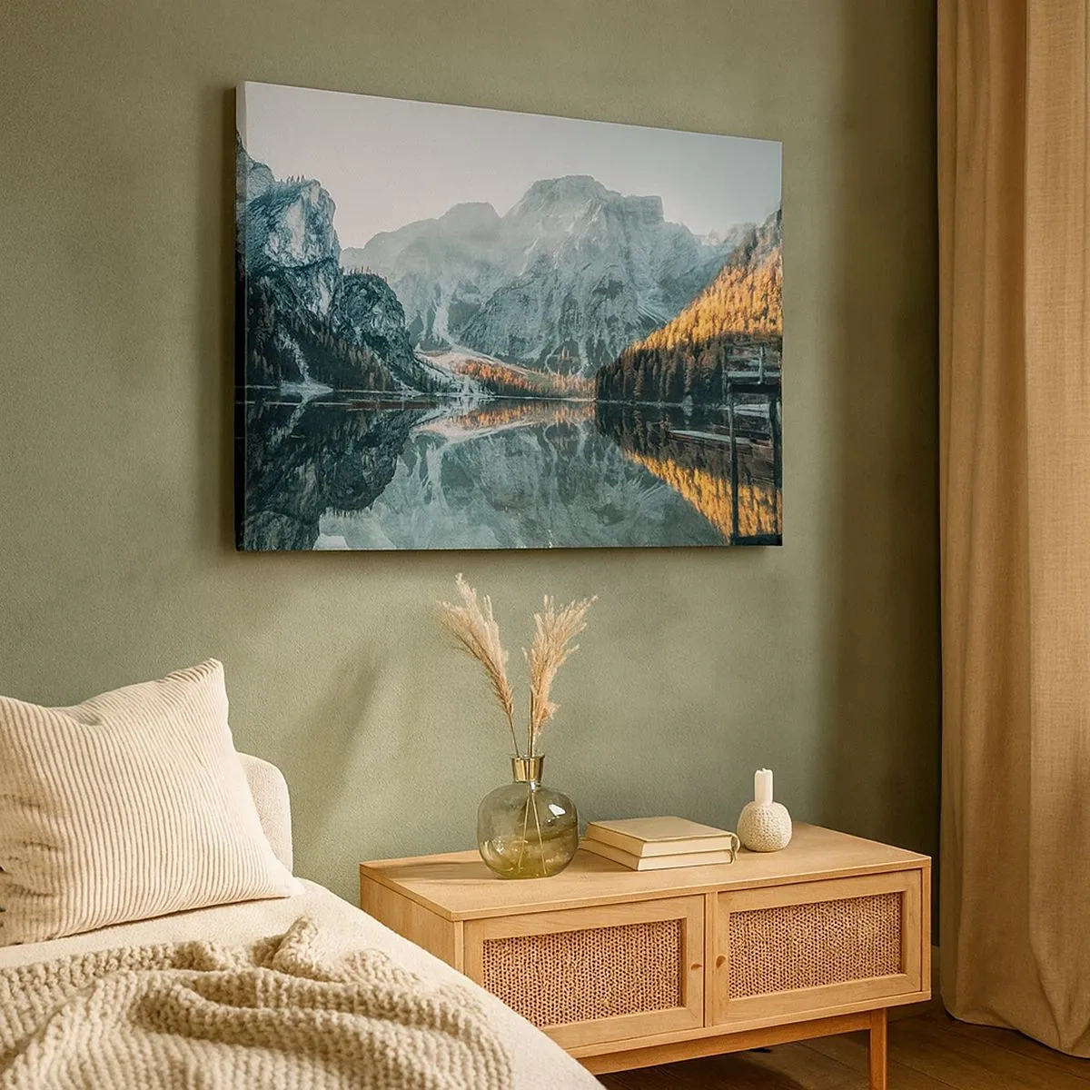 Impression sur toile - Image sur toile - Un paysage de montagne se reflétant dans la surface calme d'un lac - 70x50cm - Reflet de paysage - Décoration murale moderne pour le salon et la chambre ARTTOR