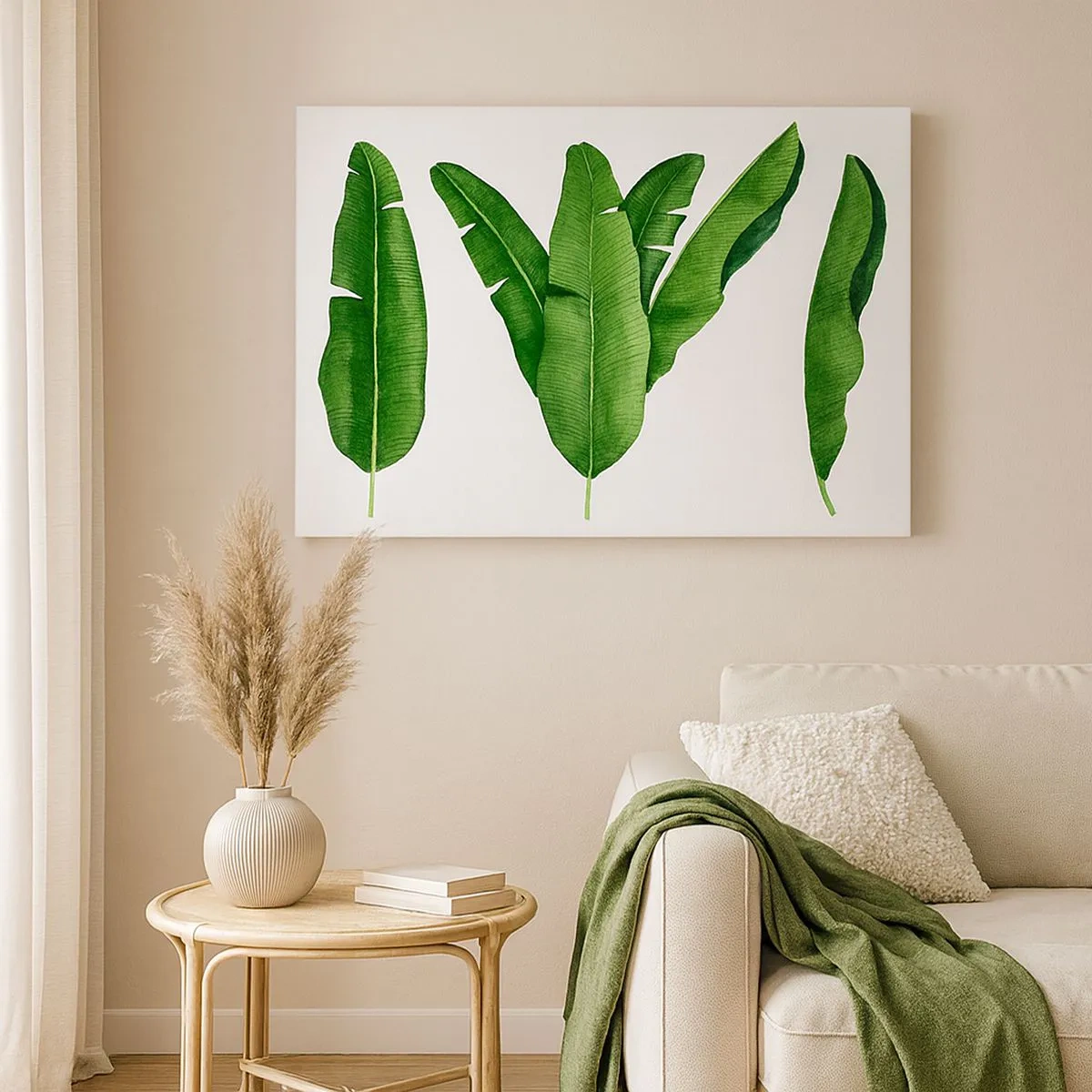 Impression sur toile - Image sur toile - Trois feuilles de bananier dans une approche artistique - 70x50cm - Symétrie verte - Décoration murale moderne pour le salon et la chambre ARTTOR