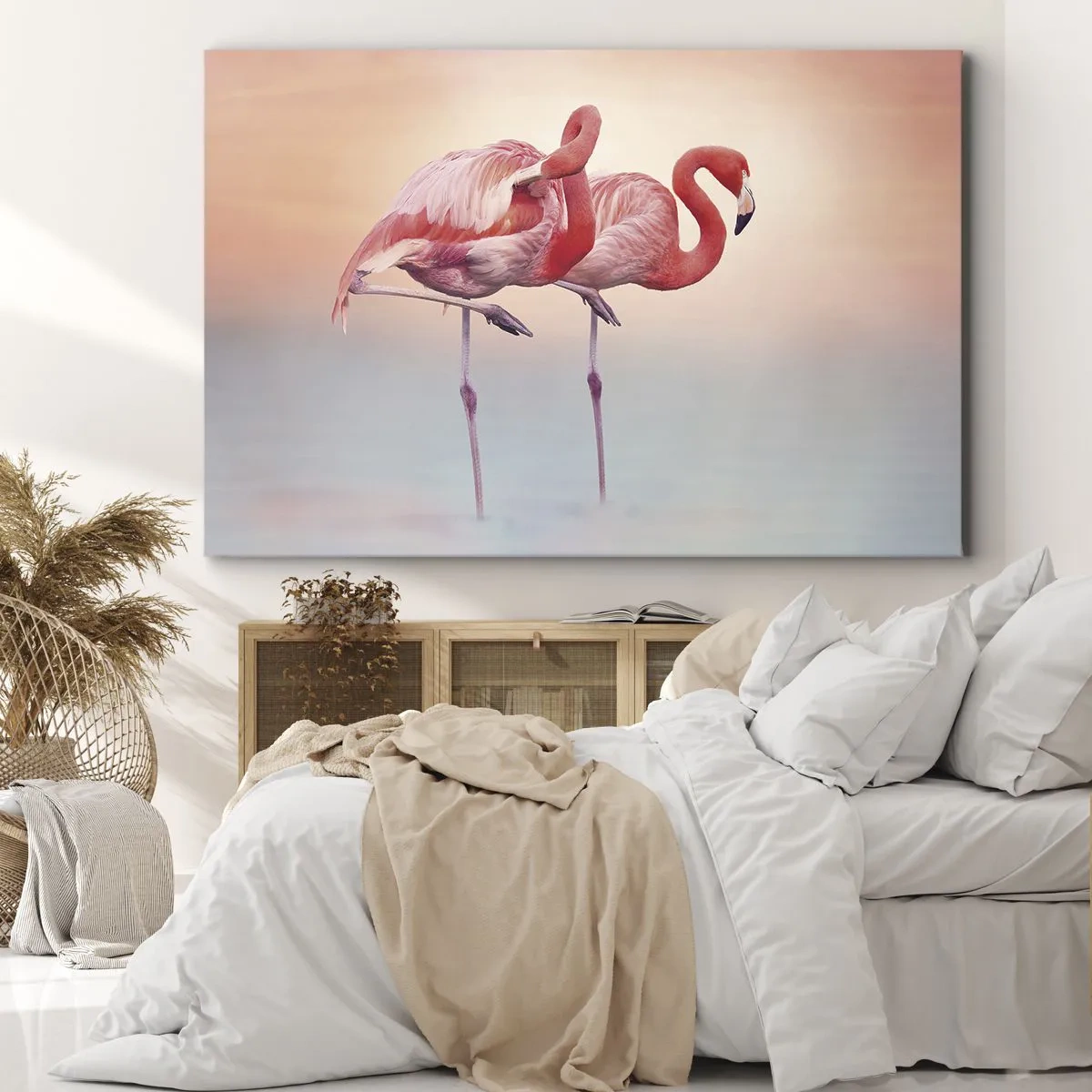 Impression sur toile - Image sur toile - Flamants roses aux couleurs pastel délicates sur fond d'eau - 70x50cm - Dans les couleurs du soleil couchant - Décoration murale moderne pour le salon et la chambre ARTTOR
