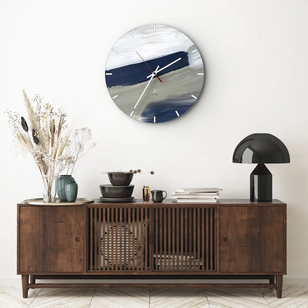 Horloge murale - Pendule murale - Coups de pinceau abstraits en blanc et bleu marine - 30x30cm - Rencontre avec la blancheur - Décoration murale moderne pour le salon, la cuisine et la chambre ARTTOR