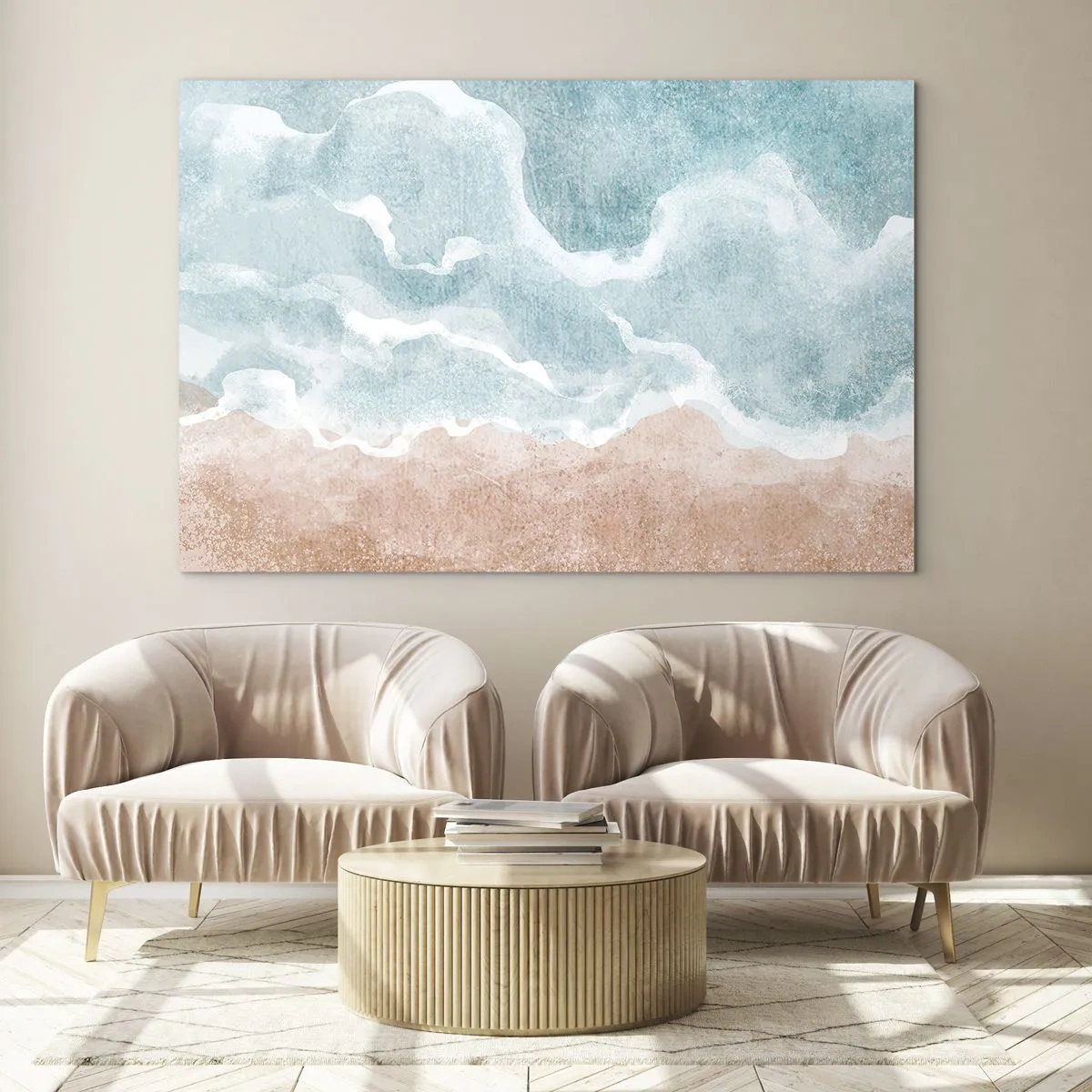 Impression sur verre - Image sur verre - Des vagues pastel dans les tons bleus et beiges créent une abstraction nuageuse. - 70x50cm - Abstraction du nuage - Décoration murale moderne pour le salon et la chambre ARTTOR