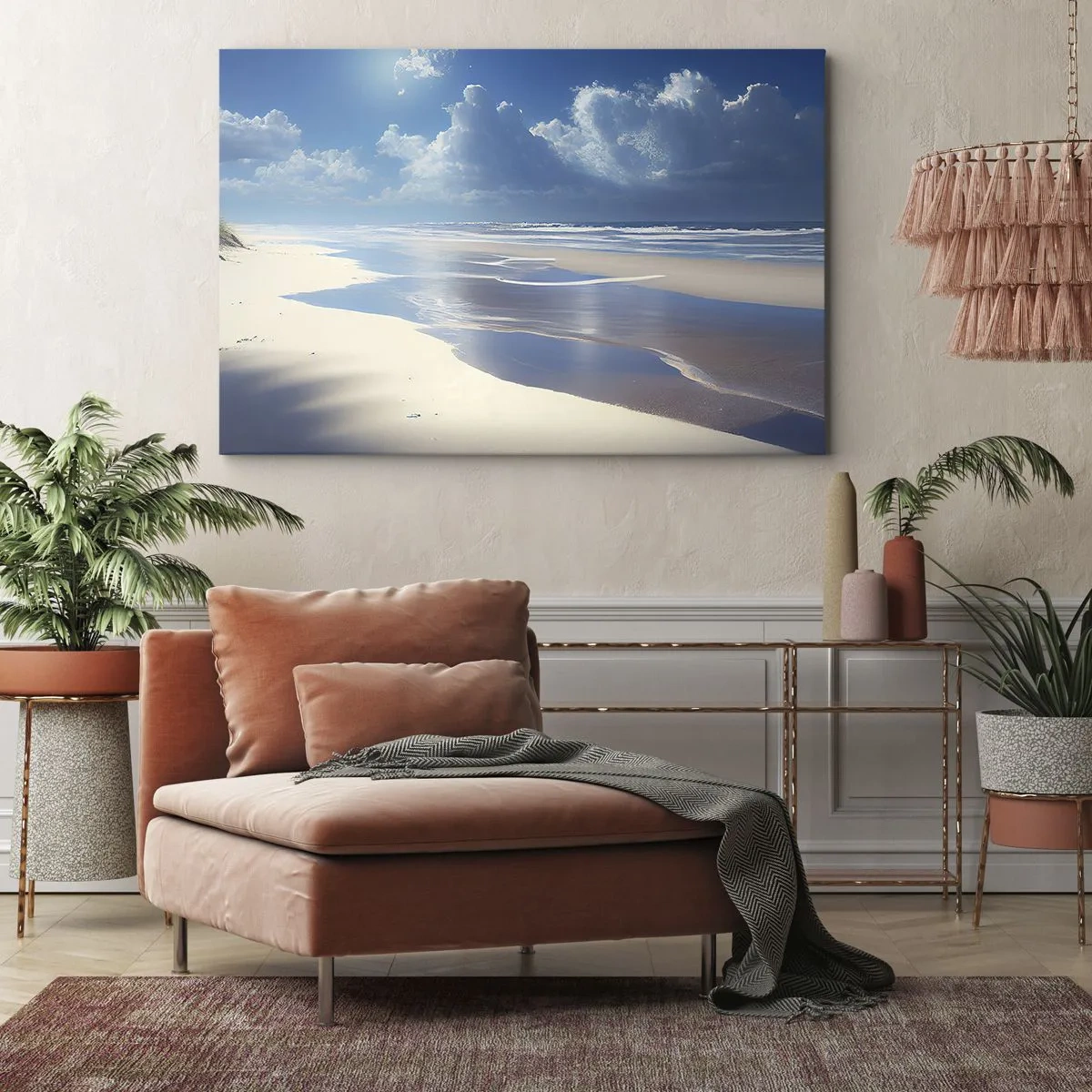 Impression sur toile - Image sur toile - Une plage de sable avec des vagues sous un ciel bleu - 70x50cm - Des vacances paradisiaques - Décoration murale moderne pour le salon et la chambre ARTTOR