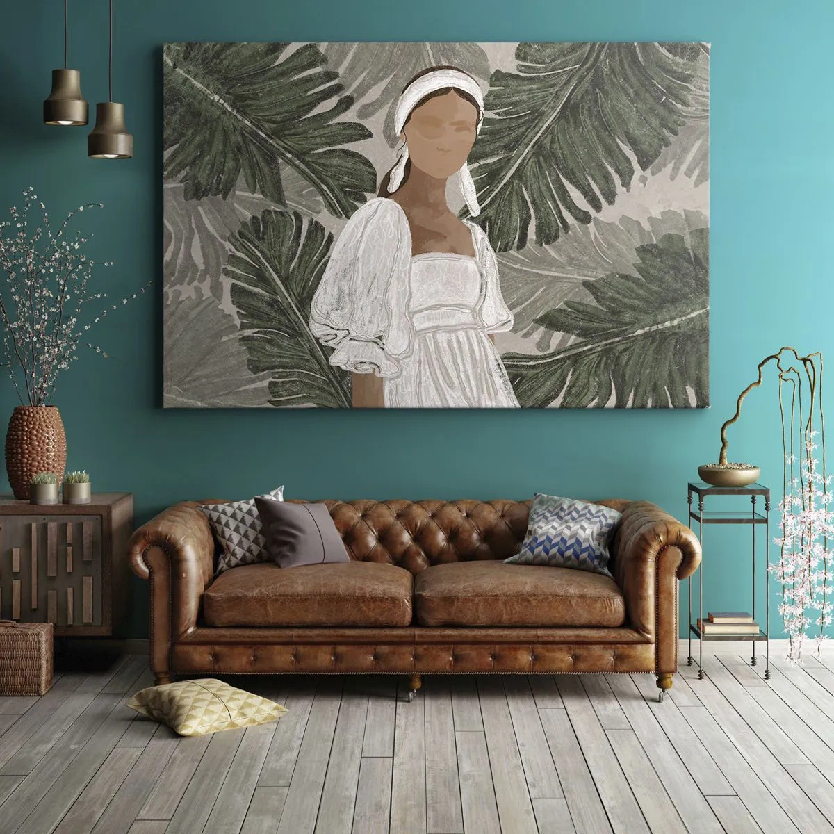 Impression sur toile - Image sur toile - Portrait d'une femme en robe blanche sur fond de feuilles de monstera - 70x50cm - Portrait exotique - Décoration murale moderne pour le salon et la chambre ARTTOR