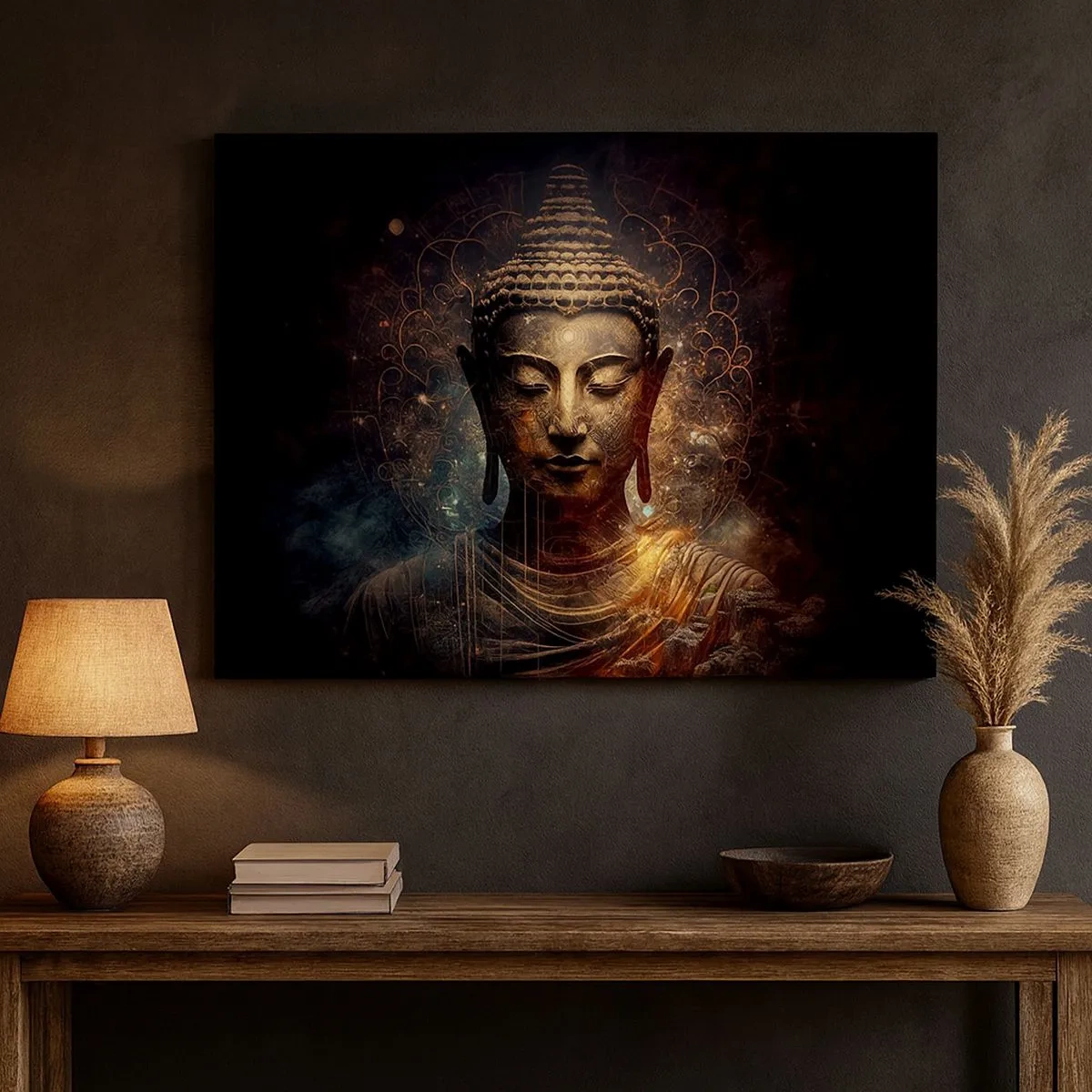 Impression sur toile - Image sur toile - Bouddha doré sur fond sombre avec ornements - 70x50cm - Équilibre spirituel - Décoration murale moderne pour le salon et la chambre ARTTOR