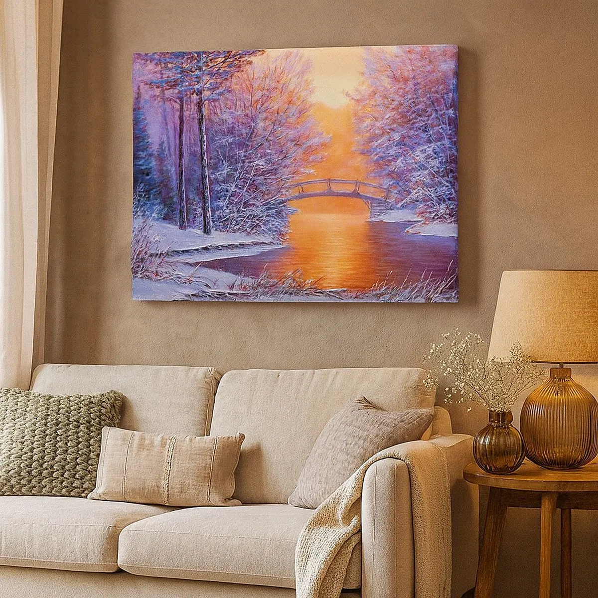 Impression sur toile - Image sur toile - Paysage d'hiver avec un pont et un coucher de soleil - 70x50cm - On se rencontre ici - Décoration murale moderne pour le salon et la chambre ARTTOR