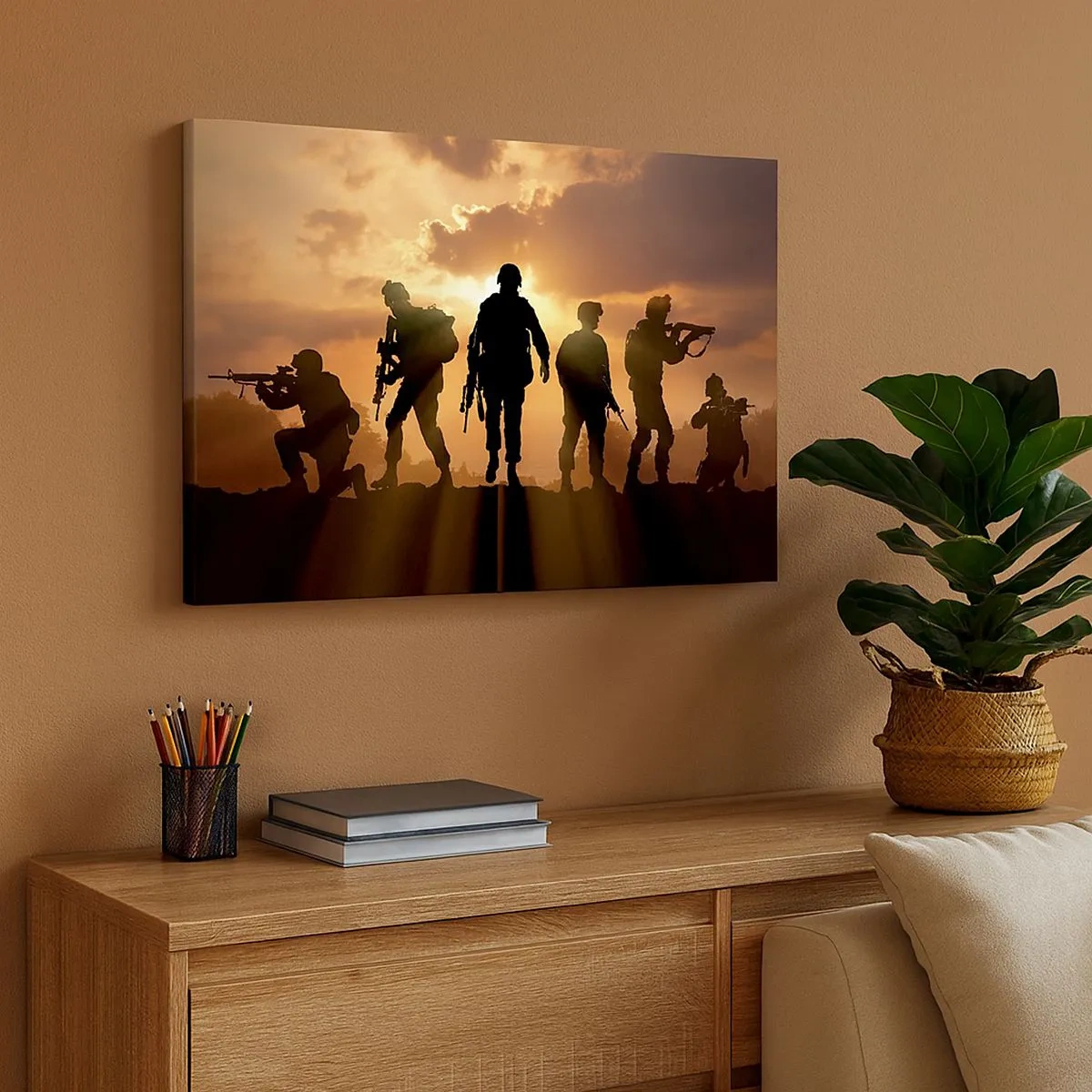 Impression sur toile - Image sur toile - Soldats sur fond de soleil couchant dans un décor dynamique - 70x50cm - Brothers in arms - Décoration murale moderne pour le salon et la chambre ARTTOR