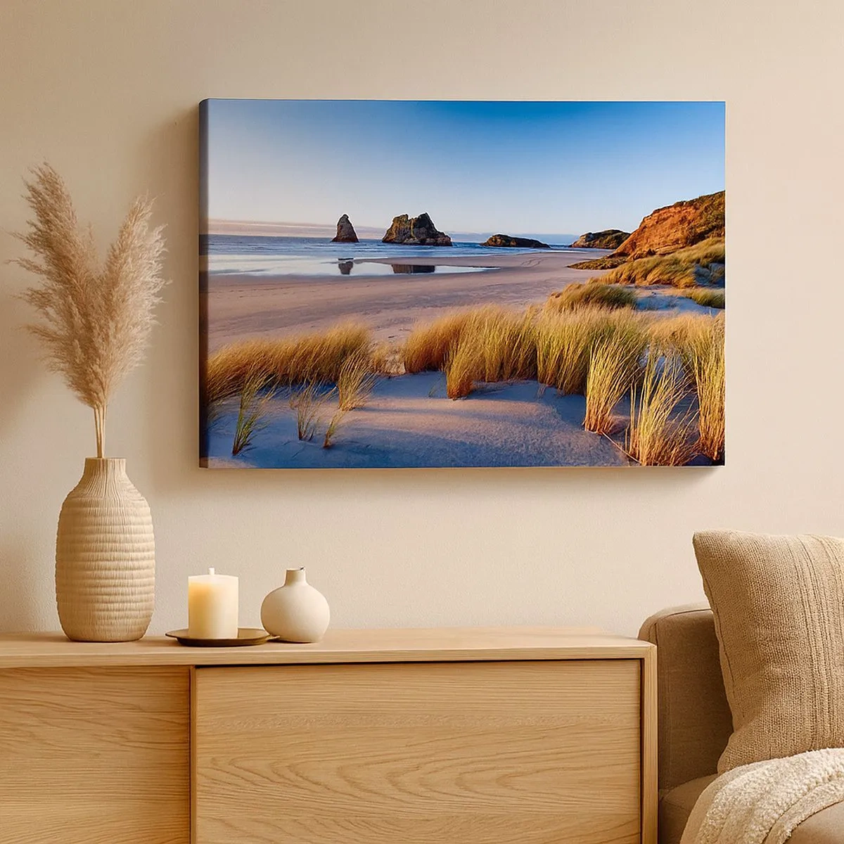 Impression sur toile - Image sur toile - Une plage pittoresque avec vue sur les rochers et la mer au coucher du soleil - 70x50cm - Pour les chercheurs de paix - Décoration murale moderne pour le salon et la chambre ARTTOR
