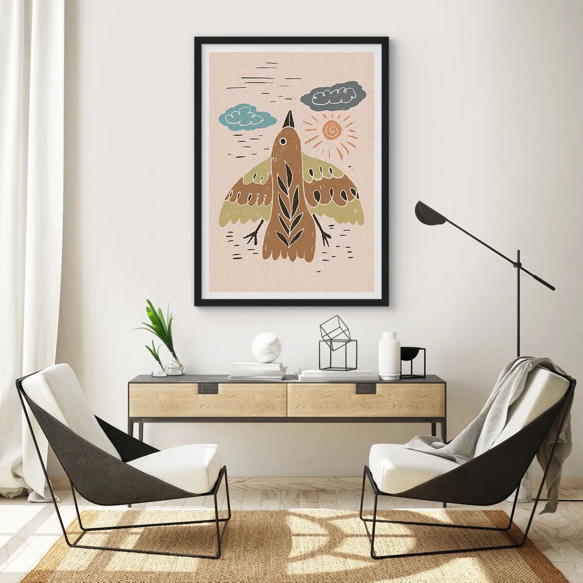 Affiche dans un cadre noir - Poster - Une illustration colorée d'un oiseau en vol, avec des nuages et le soleil en arrière-plan. - 50x70cm - Bon vol - Décoration murale moderne pour le salon et la chambre ARTTOR