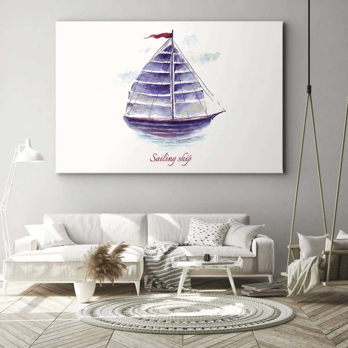 Impression sur toile - Image sur toile - Une aquarelle représentant un voilier sur l'eau avec une inscription délicate - 70x50cm - Plein de voiles et d’eau calme - Décoration murale moderne pour le salon et la chambre ARTTOR