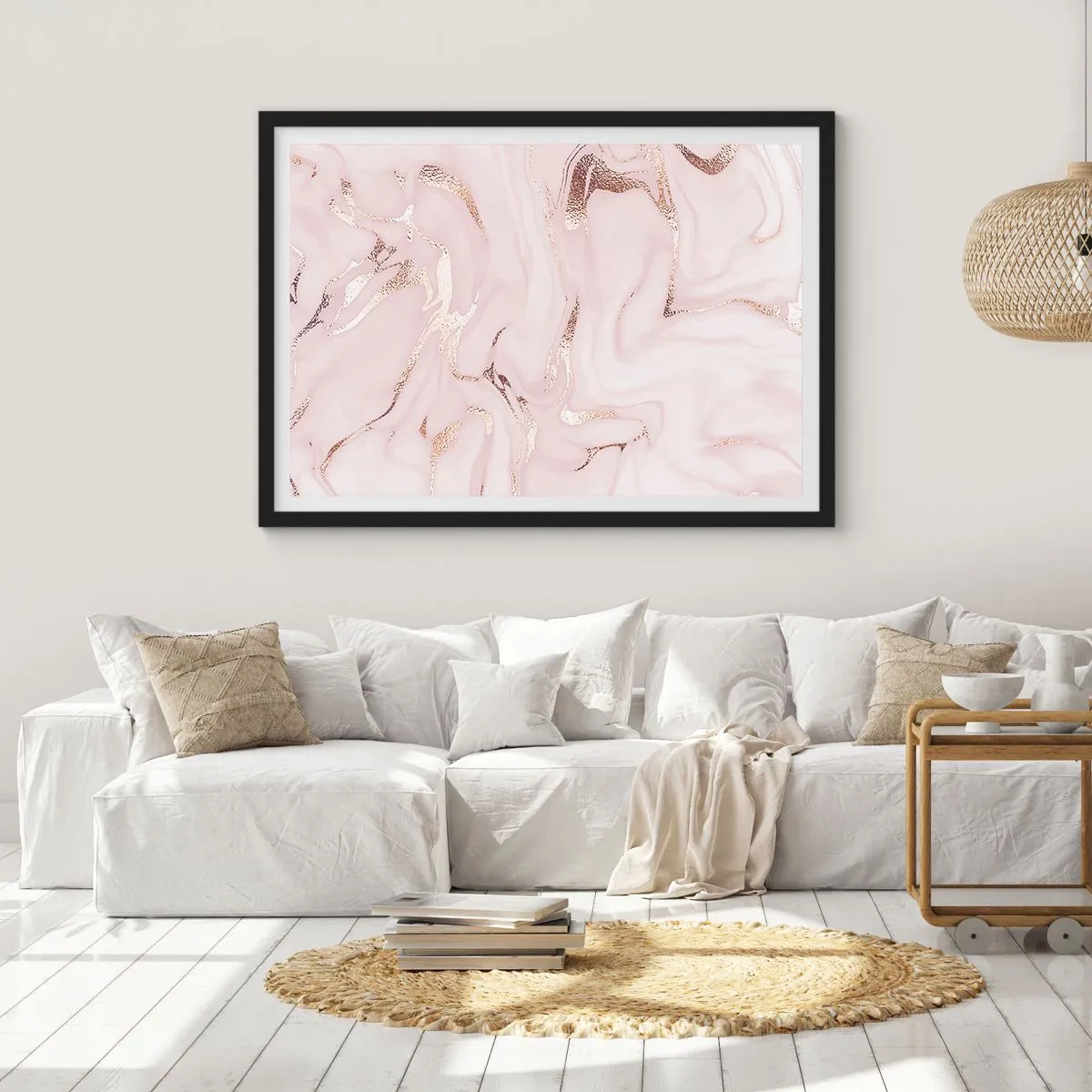 Affiche dans un cadre noir - Poster - Abstraction élégante dans des tons de rose et d'or - 70x50cm - Dans un châle rose - Décoration murale moderne pour le salon et la chambre ARTTOR