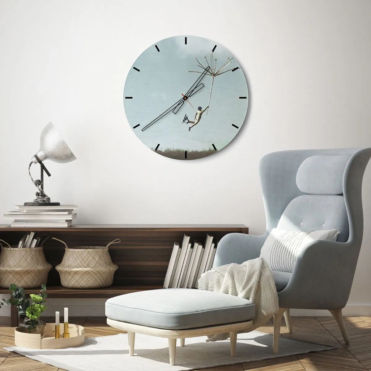 Horloge murale - Pendule murale - Une silhouette flottant dans les airs tenant un pissenlit géant - 30x30cm - Cerfs-volants, pissenlits, vent - Décoration murale moderne pour le salon, la cuisine et la chambre ARTTOR