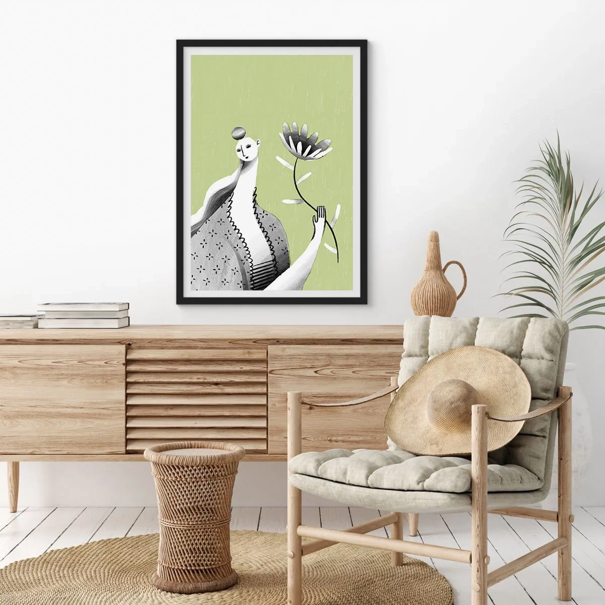 Affiche dans un cadre noir - Poster - Femme minimaliste tenant une fleur sur fond vert - 50x70cm - Portrait moderniste – tenant une fleur - Décoration murale moderne pour le salon et la chambre ARTTOR