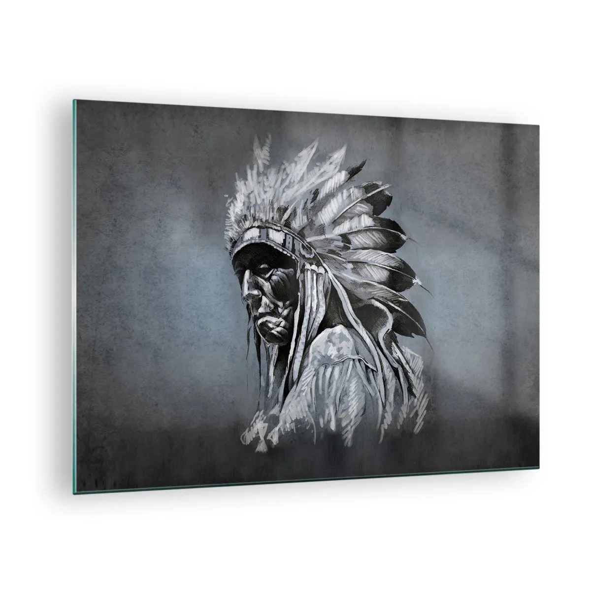 Impression sur verre - Image sur verre - Portrait d'un homme avec une coiffe de plumes sur un fond gris foncé - 70x50cm - Retour aux sources - Décoration murale moderne pour le salon et la chambre ARTTOR