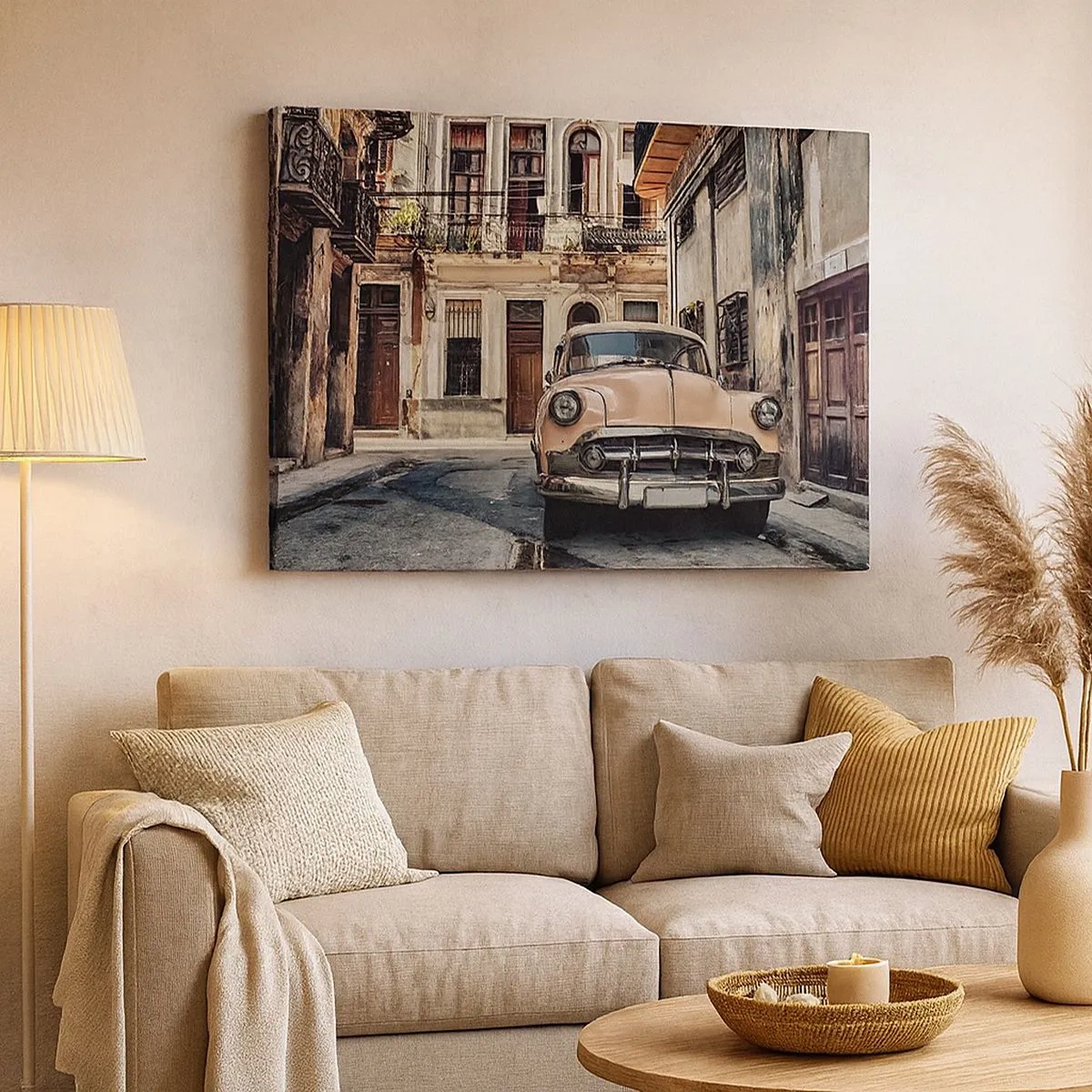 Impression sur toile - Image sur toile - Une voiture classique sur fond d'architecture urbaine - 70x50cm - Sieste à La Havane - Décoration murale moderne pour le salon et la chambre ARTTOR