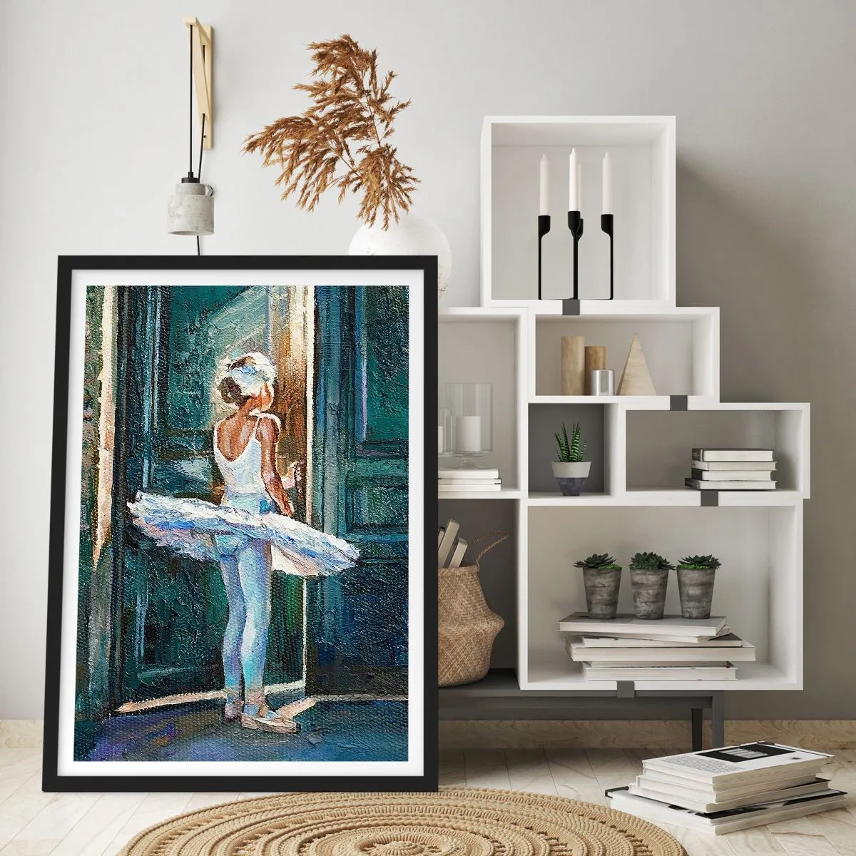 Affiche dans un cadre noir - Poster - Ballerine à la lumière d'une porte dans un style impressionniste - 50x70cm - Avant le show - Décoration murale moderne pour le salon et la chambre ARTTOR