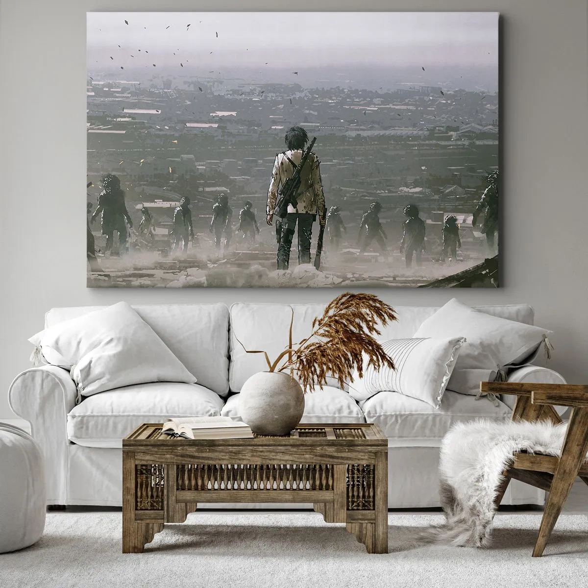 Impression sur toile - Image sur toile - Une silhouette avec une arme se tient devant un groupe dans un paysage dystopique. - 70x50cm - Dernier samaritain ? - Décoration murale moderne pour le salon et la chambre ARTTOR