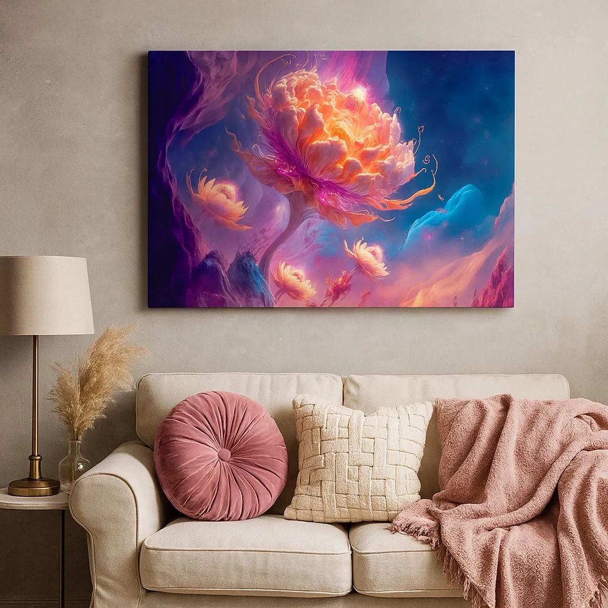 Impression sur toile - Image sur toile - Fleurs fantastiques dans un paysage cosmique - 70x50cm - Un autre monde - Décoration murale moderne pour le salon et la chambre ARTTOR