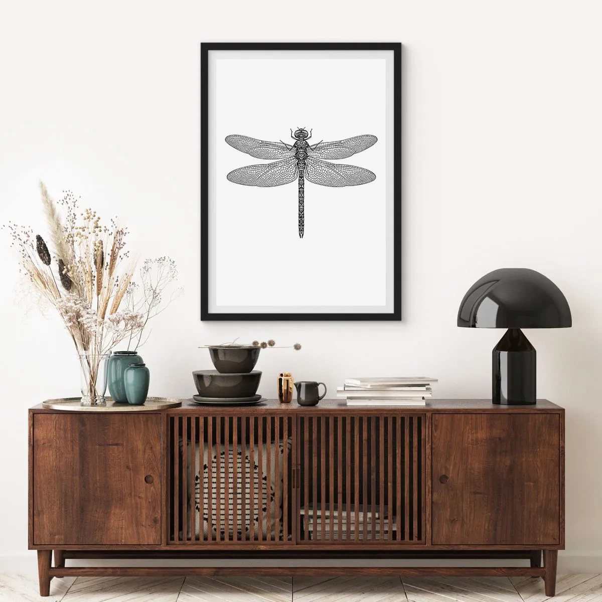 Affiche dans un cadre noir - Poster - Illustration en noir et blanc d'une libellule sur fond blanc - 50x70cm - Précision de la nature - Décoration murale moderne pour le salon et la chambre ARTTOR