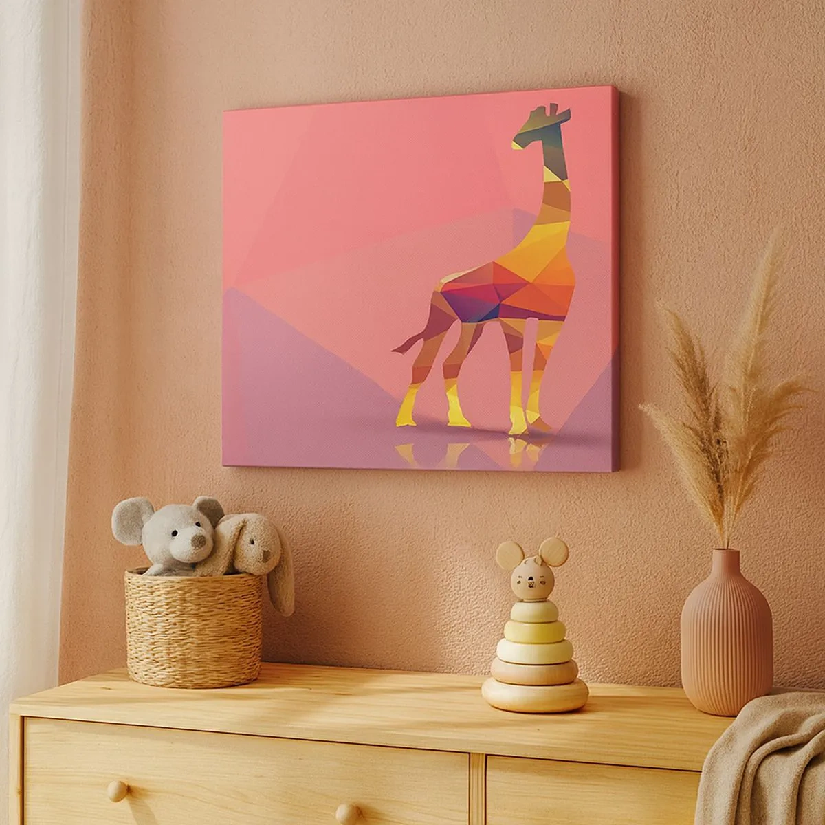 Impression sur toile - Image sur toile - Silhouette de girafe géométrique dans des tons pastel de rose et de jaune - 70x50cm - Les nuances de la savane - Décoration murale moderne pour le salon et la chambre ARTTOR