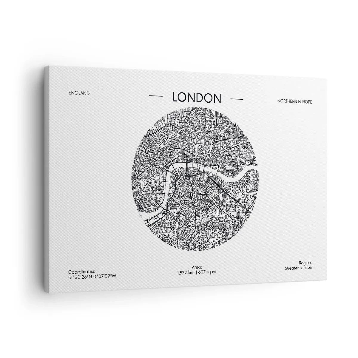 Impression sur toile - Image sur toile - Une carte minimaliste de Londres en noir et blanc avec des détails précis. - 70x50cm - Anatomie de Londres - Décoration murale moderne pour le salon et la chambre ARTTOR