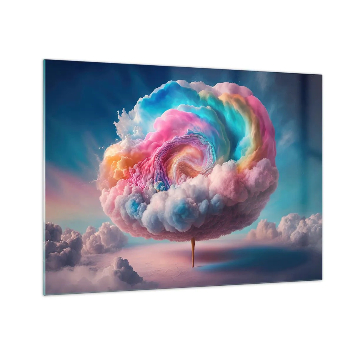Impression sur verre - Image sur verre - Un nuage fantaisiste aux couleurs pastel ressemblant à de la barbe à papa. - 70x50cm - Le rêve d'un parc d'attractions - Décoration murale moderne pour le salon et la chambre ARTTOR