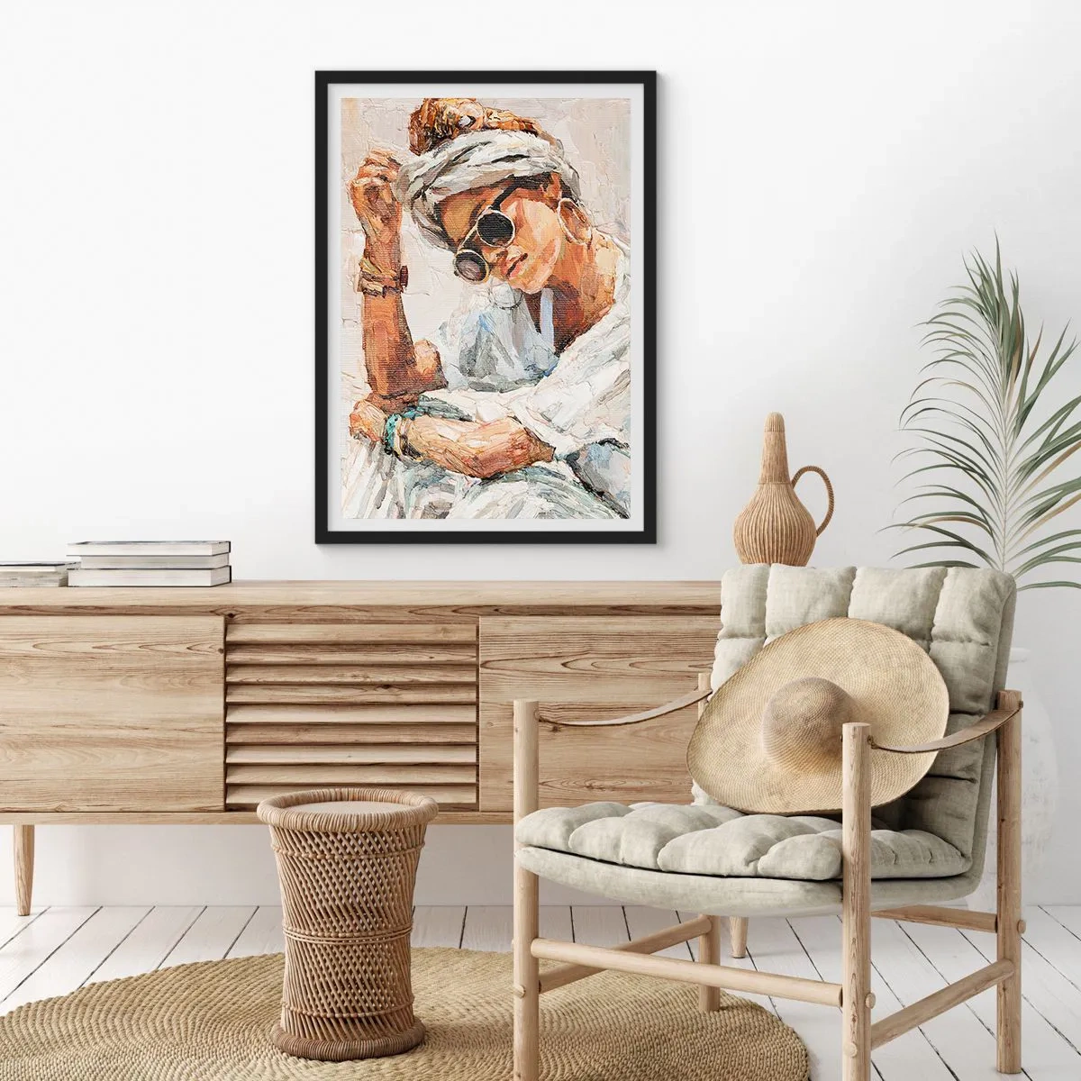 Affiche dans un cadre noir - Poster - Portrait d'une femme avec des lunettes et un turban dans le style impressionniste - 50x70cm - Portrait en plein soleil - Décoration murale moderne pour le salon et la chambre ARTTOR