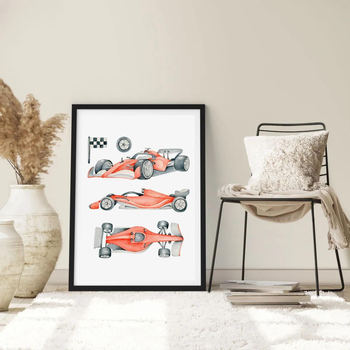 Affiche dans un cadre noir - Poster - Illustration à l'aquarelle d'une voiture de course - 50x70cm - poursuis ton rêve - Décoration murale moderne pour le salon et la chambre ARTTOR