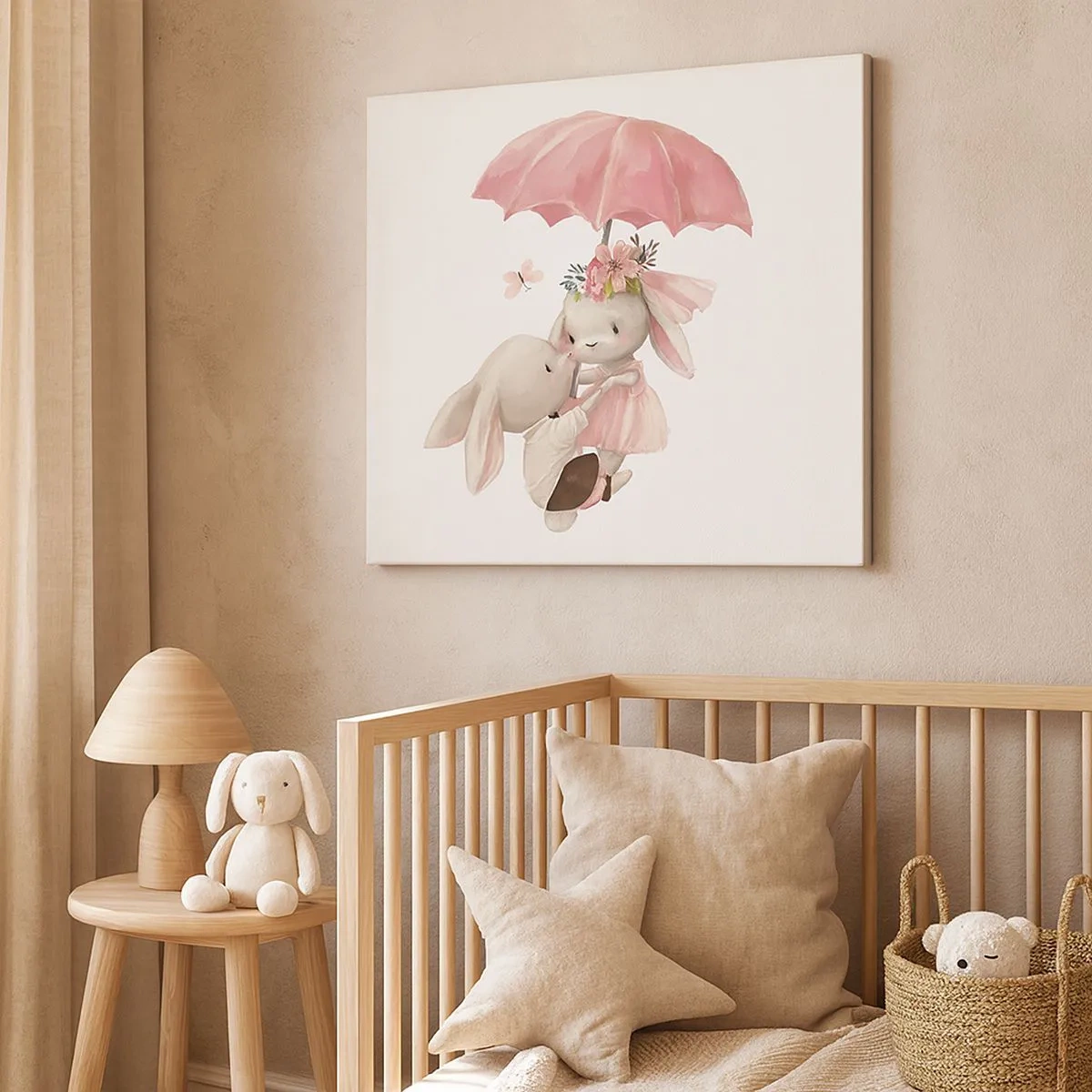 Impression sur toile - Image sur toile - Des lapins mignons sous un parapluie rose - 70x50cm - C'est ça l'amour - Décoration murale moderne pour le salon et la chambre ARTTOR
