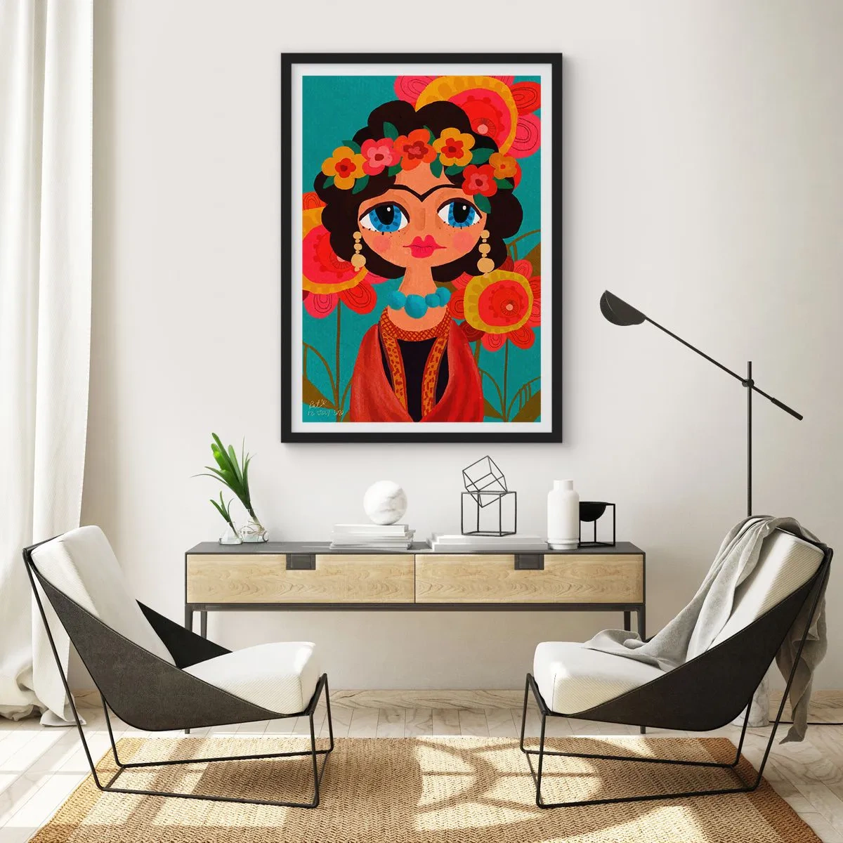 Affiche dans un cadre noir - Poster - Portrait coloré d'une femme en style folklorique et une couronne de fleurs - 50x70cm - Mademoiselle coquelicot - Décoration murale moderne pour le salon et la chambre ARTTOR