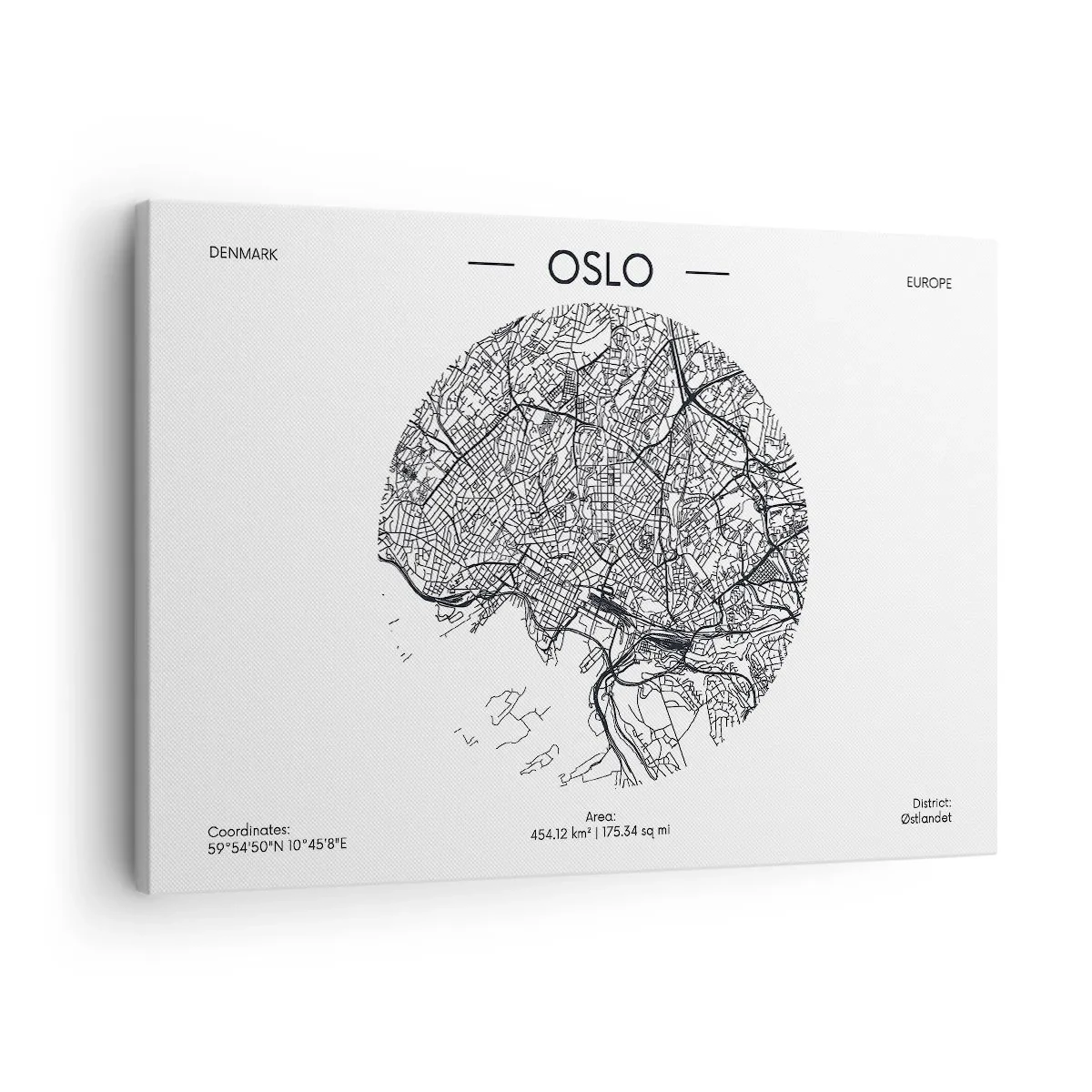 Impression sur toile - Image sur toile - Une carte d'Oslo dans un style minimaliste en noir et blanc. - 70x50cm - Anatomie d’Oslo - Décoration murale moderne pour le salon et la chambre ARTTOR