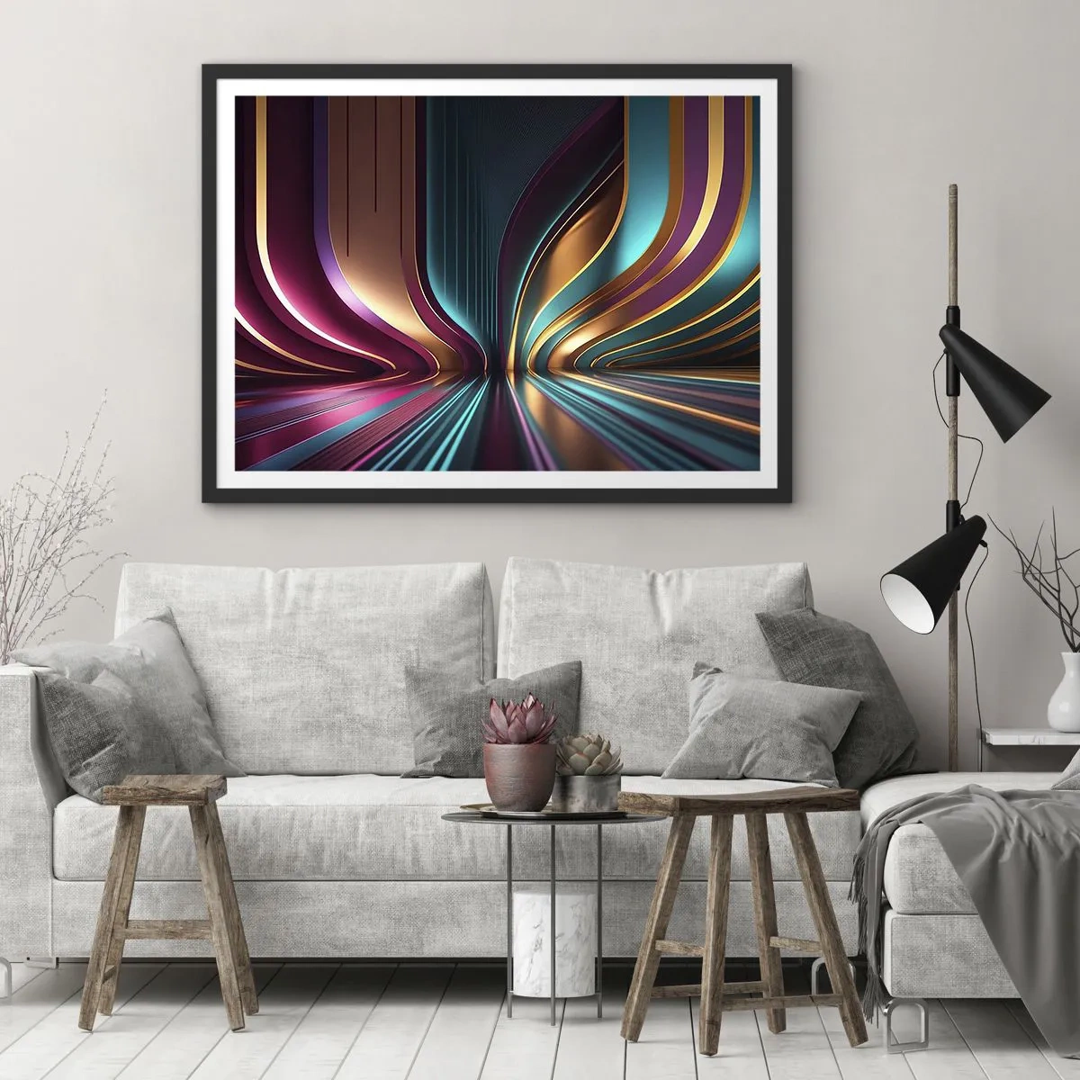 Affiche dans un cadre noir - Poster - Abstraction futuriste aux couleurs et courbes intenses - 70x50cm - Architektura światła - Décoration murale moderne pour le salon et la chambre ARTTOR
