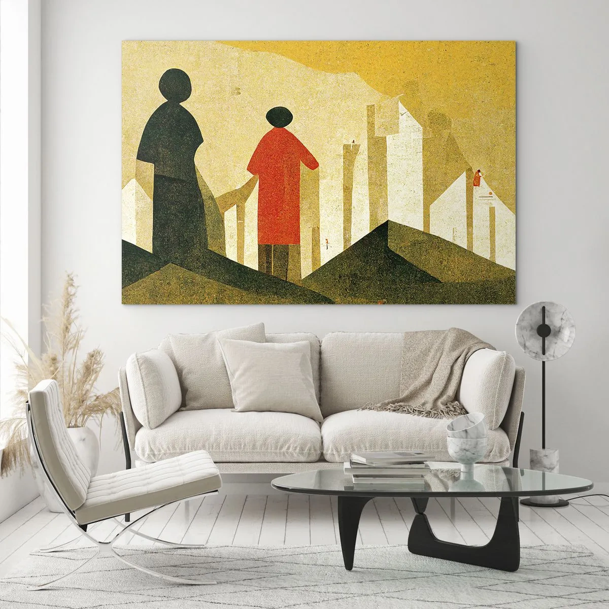 Impression sur verre - Image sur verre - Silhouettes géométriques de personnages parmi de hautes formes sur fond de ciel jaune - 70x50cm - La route est encore longue - Décoration murale moderne pour le salon et la chambre ARTTOR