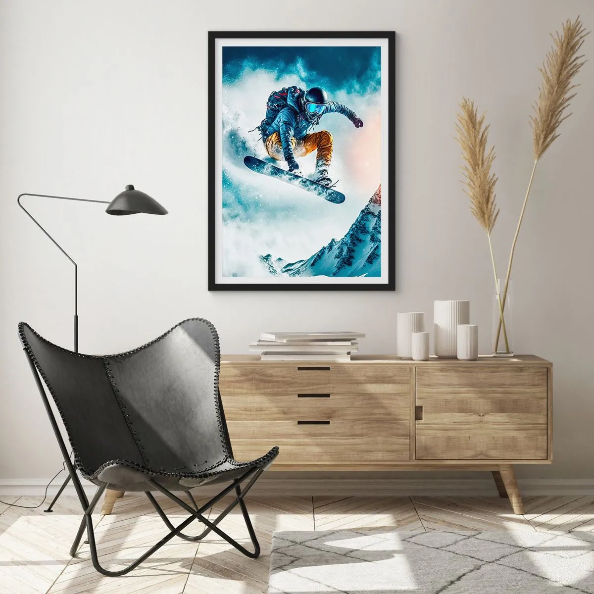Affiche dans un cadre noir - Poster - Un snowboarder survole un sommet enneigé - 50x70cm - Des émotions extrêmes - Décoration murale moderne pour le salon et la chambre ARTTOR